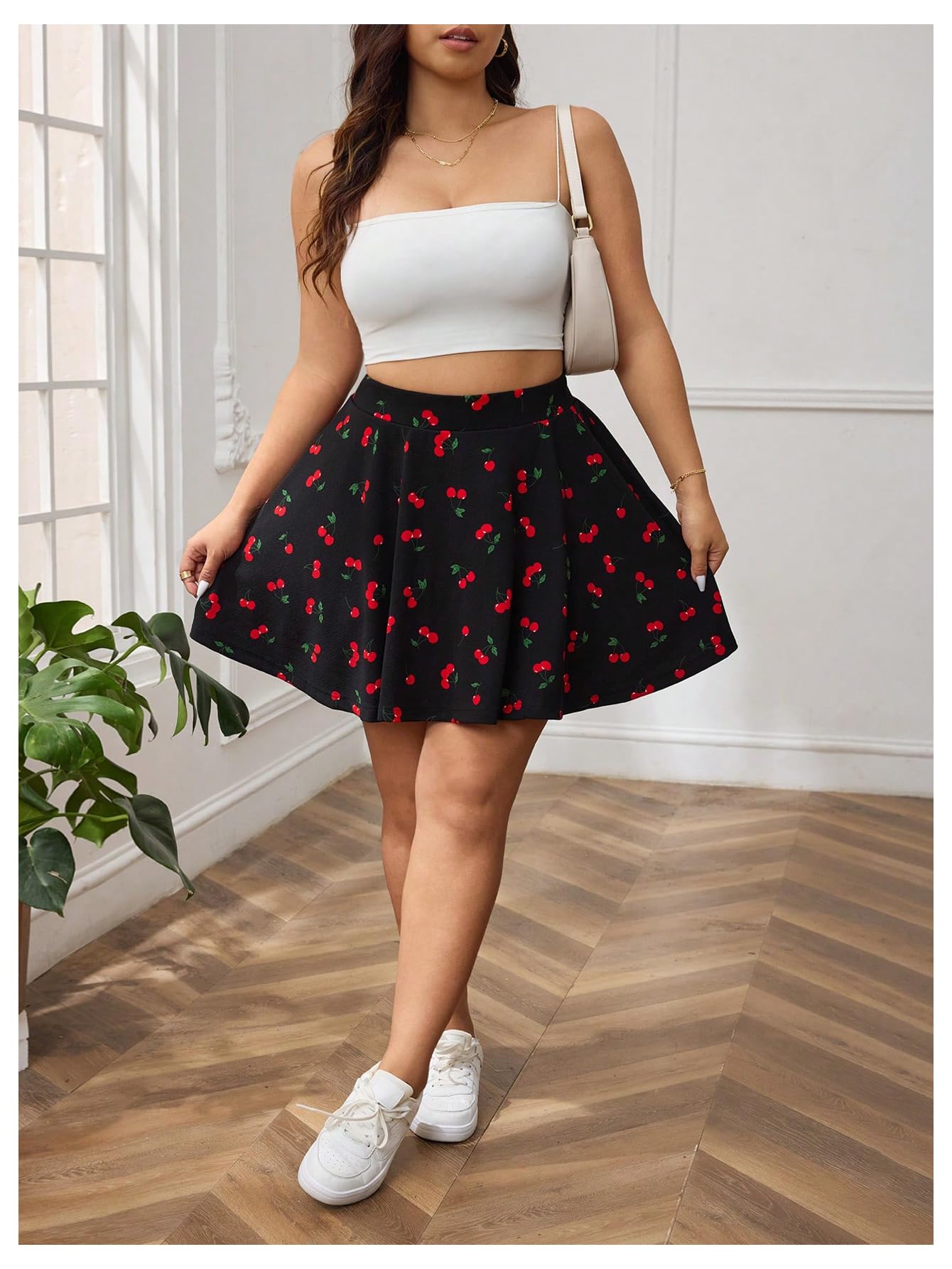 Floerns Falda pantalón corto con estampado de cerezas para mujer, talla grande, cintura alta, pierna ancha