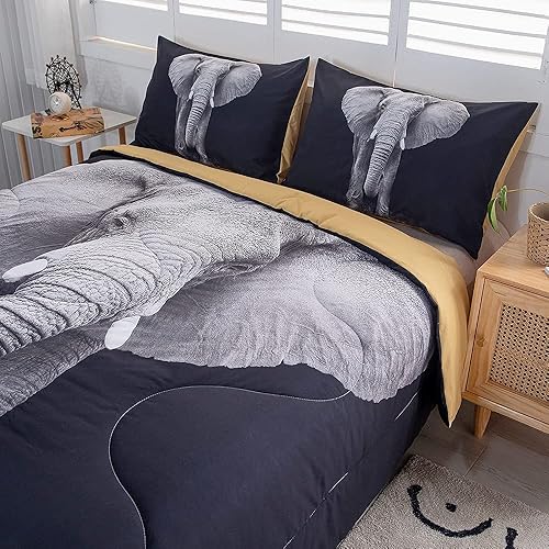 Miniatura 10 de MUSOLEI Juego de edredón de elefante 3D, juego de ropa de cama de elefante negro, tamaño Queen, juego de edredón de diseño personalizado para niños