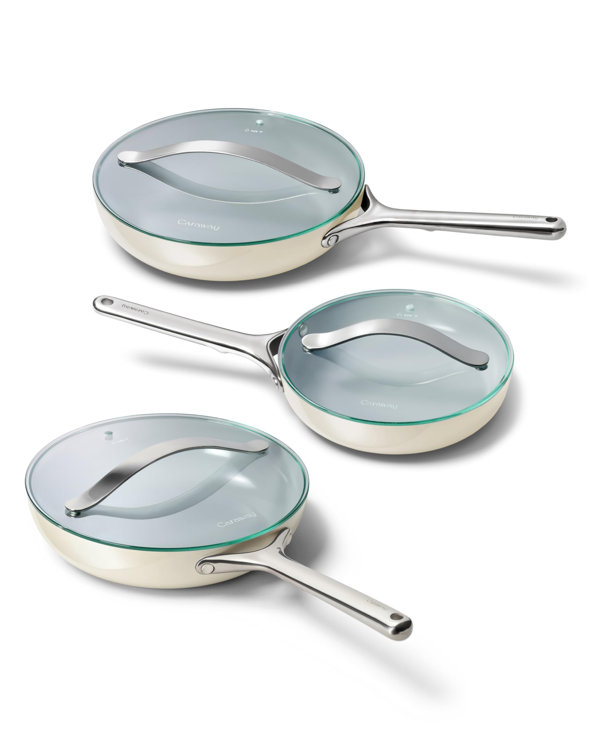 Caraway Ceramic Nonstick Fry Pan Set with Glass Lids Includes Two 10 5 Fry Pans One 8 Fry