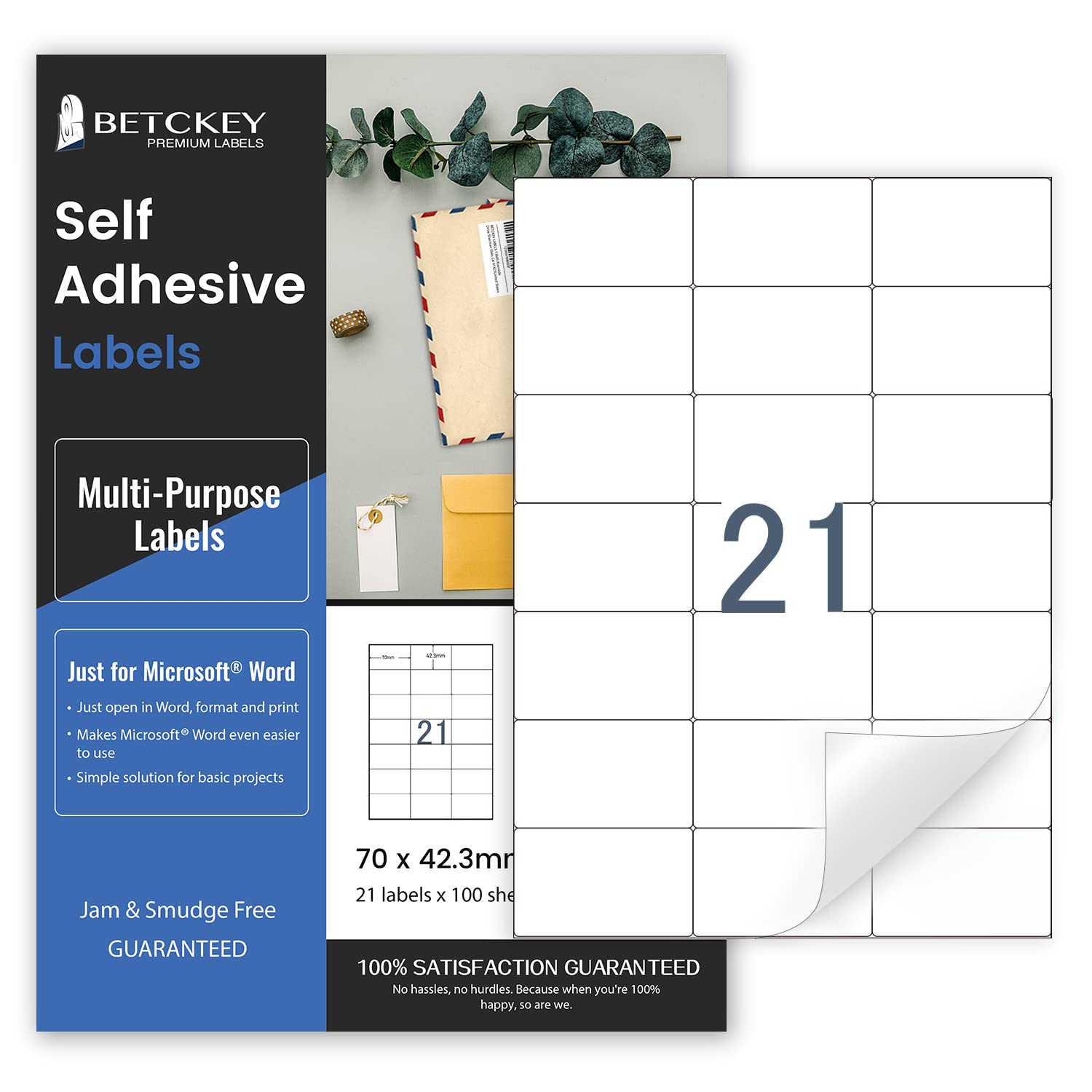 BETCKEY - 100 Fogli, 70 x 42mm, A4 Adesivi per Stampante, 21 Etichettes per Foglio, Carta Adesiva Stampabili per Stampante a Getto d'Inchiostro e Laser