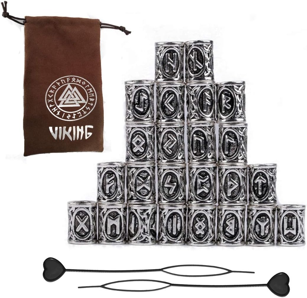 24Pcs Norse Vikings Runes Hair Beard Beads for Bracelets Necklace DIY