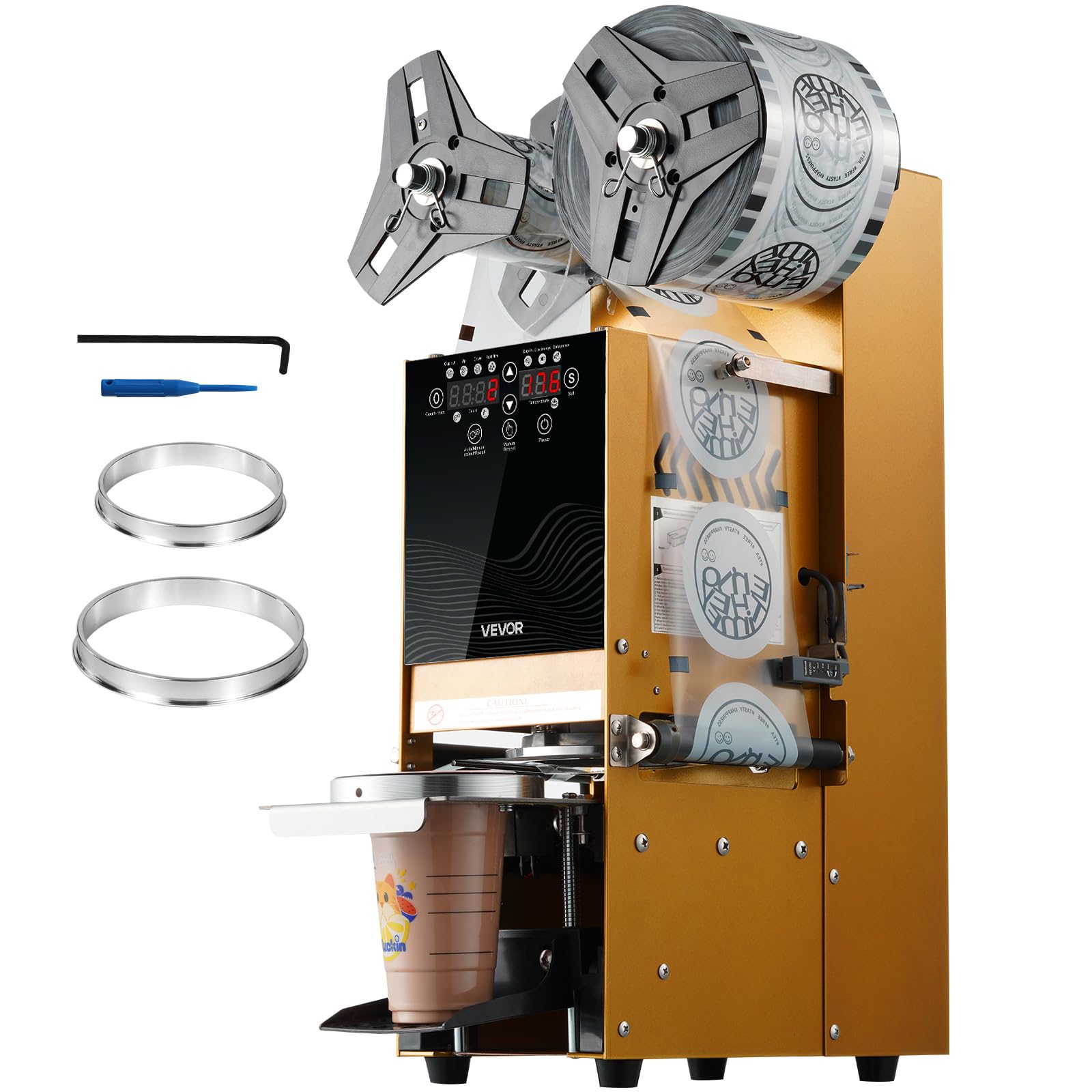 Photo 1 of **MISSING PARTS**VEVOR Fully Automatic Cup Sealing Machine, 500-650 Cups/H, Cup Sealer Machine for 180 mm Tall & 90/95 mm Cup, Electric Boba Tea Sealer with Digital Control LCD Panel for Bubble Milk Tea Coffee, Gold