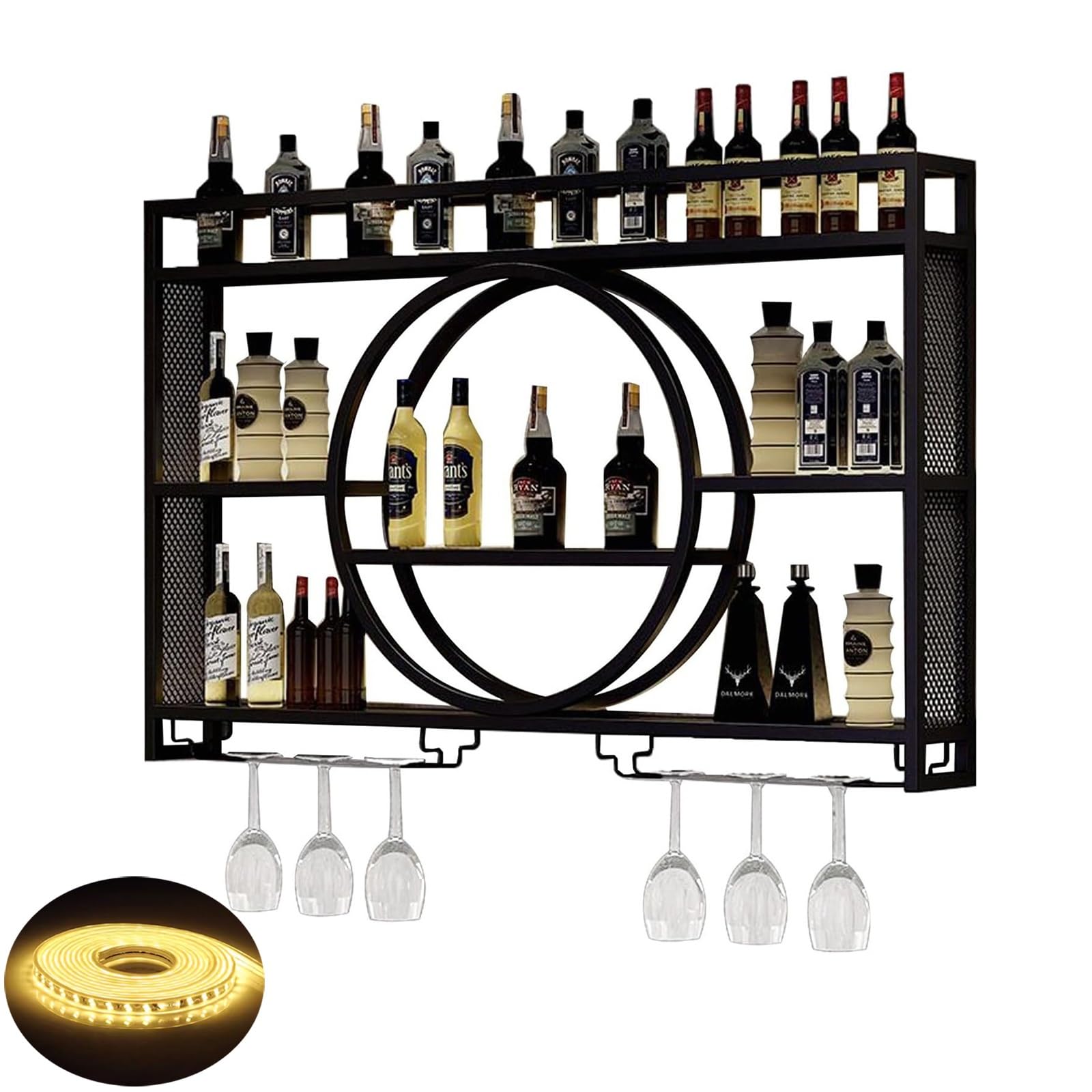 AYCDL LED Rack Wall Mounted With Glass Holder, Iron Bar Liquor Shelf, Floating Shelves for Kitchen Cellar, Liquor Bottle Display Shelf, Glass Storage Racks,Black-120x15x80cm