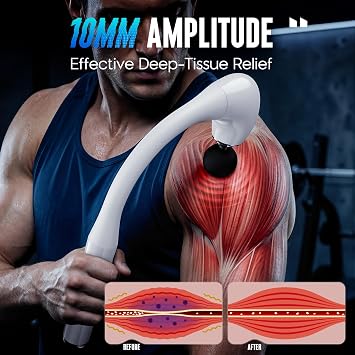 FVZ Massage Gun Deep Tissue - Back Massager for Pain Relief Deep Tissue with Extended Handle, 12MM Percussion Less-Shock Neck/Foot/Leg/Shoulder Massager, with 10MM White Massage Gun