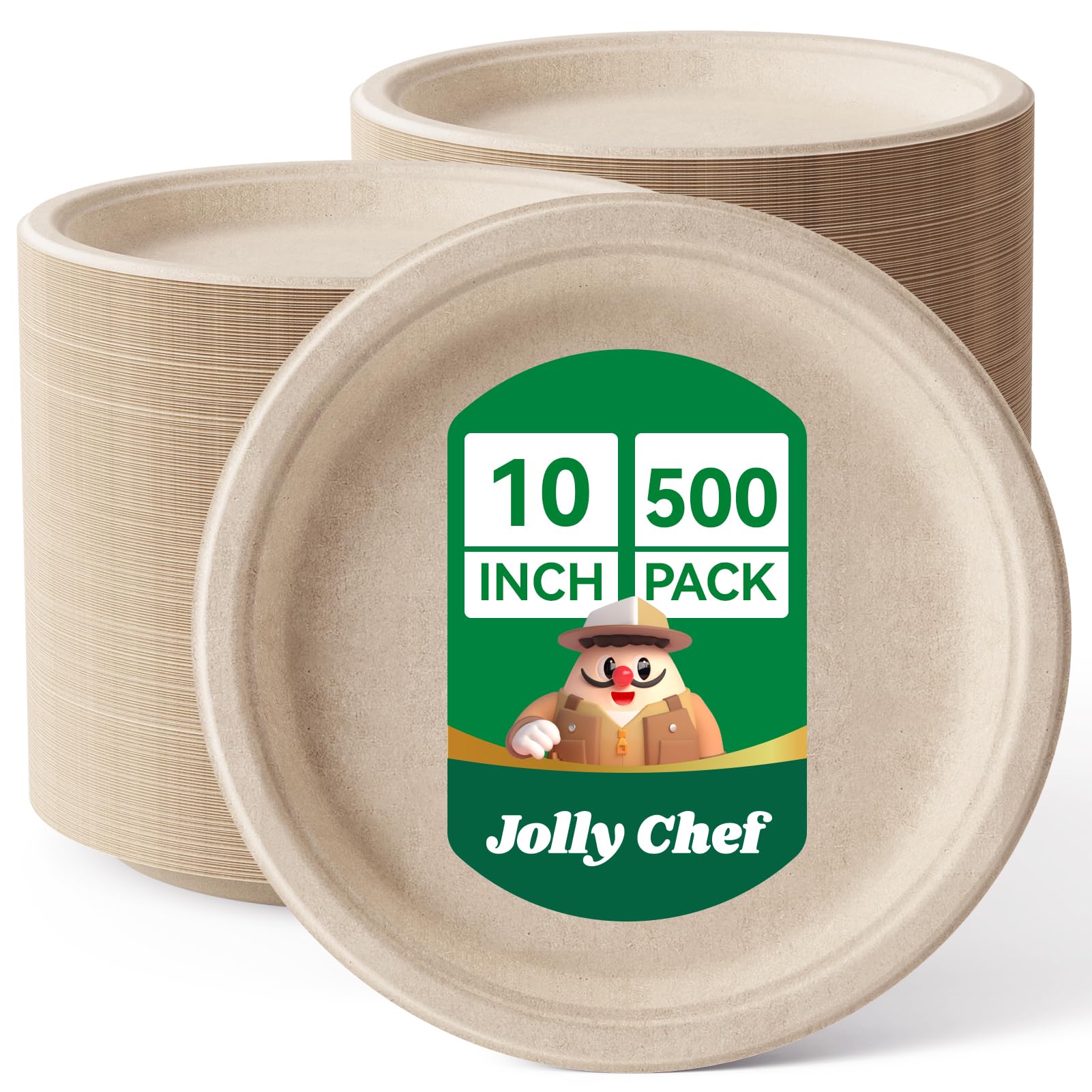 JOLLY CHEF Compostable Heavy Duty Plates 𝟭𝟬 𝗜𝗻𝗰𝗵 [𝟱𝟬𝟬 𝗣𝗮𝗰𝗸] Eco-Friendly Disposable Paper Plates Made of Bagasse Biodegradable Bulk for Party Dinner Sugarcane Lunch Christmas (Natural)