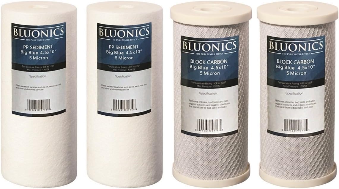Bluonics Sediment & Carbon Block Replacement Water Filters 4pcs (5 Micron) 4.5" x 10" Whole House Cartridges