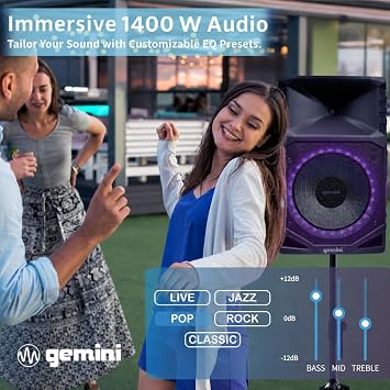 Gemini 15 Bluetooth Party Tower Speaker, 1400 Watts (GXP-T1500) | Battery party tower, up to 24 hr - IPX4 weatherproof, wheels - Bluetooth, mic, guitar - LED & mic incl