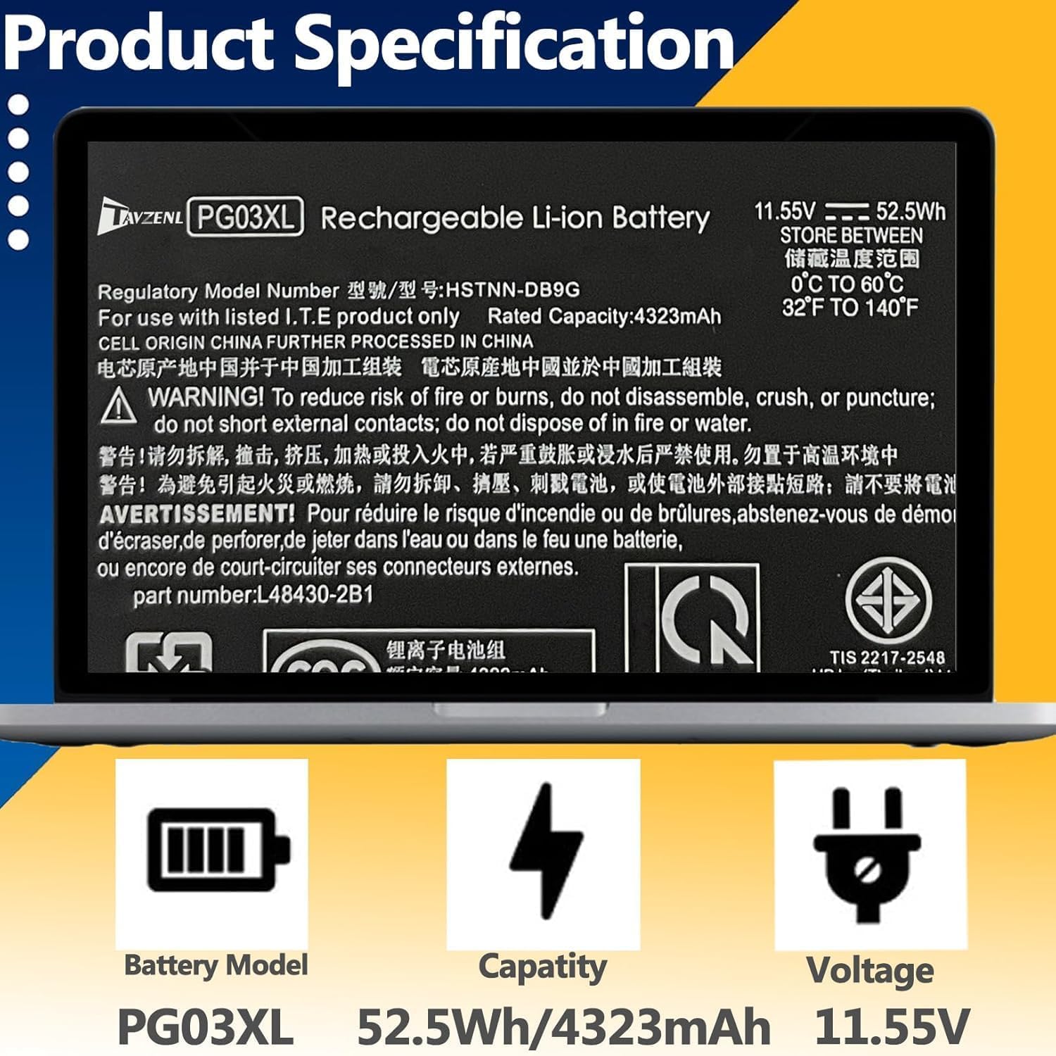 PG03XL Batterie de rechange pour HP Pavilion Gaming 15-DK 15-EC 16-A0032DX 16-A0035NR 15-EC0013DX 15-EC1073DX 15-DK0055NR 15-DK0125TX OMEN 5X FPC52 52,5 Wh L48499 5-005 HSTNN-DB9G L48430-AC1