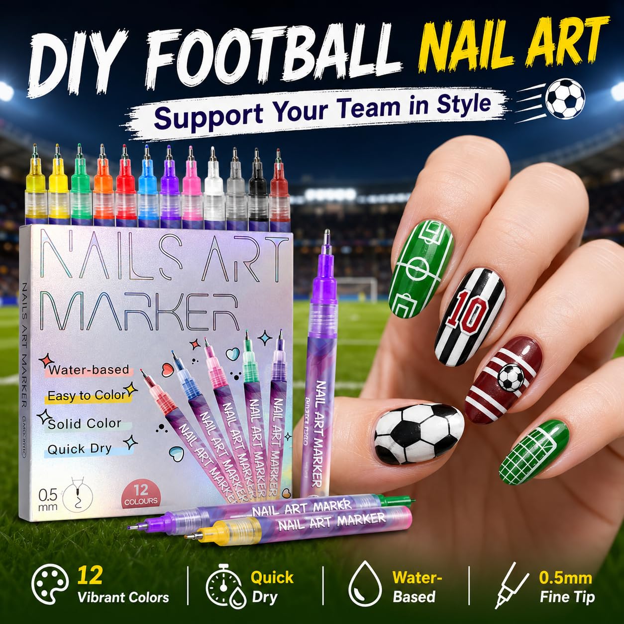 12 Color Nail Art Markers for Football & World Cup DIY, Soccer Flag Nail Pens for Painting Lines & Designs, Quick Dry Water-Based Nail Art Tools & Decorations, 0.5mm Fine Tip, Creative Party Gift image 2