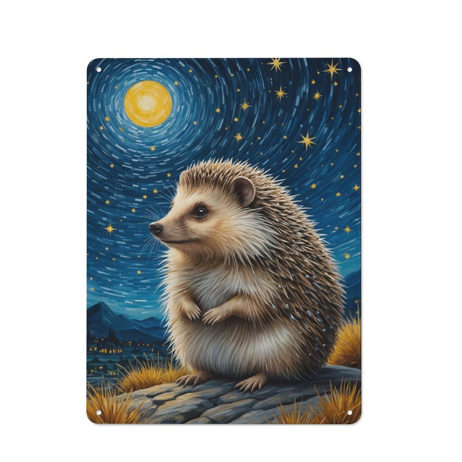 Junmoney Hedgehog Starry Night Industrial Metal Wall Decor 40X30cm, Metal Wall Sign For Tool Room, Garage, Studio Or Home Bar