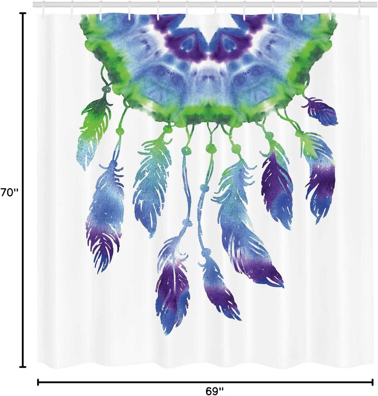 Ambesonne Tribal Shower Curtain, A Dreamcatcher and Bird Feathers with a Watercolor Painting Effect Ethnic Primitive Style of an Art, Cloth Fabric Bathroom Set with Hooks, 69" W x 70" L, Purple Green