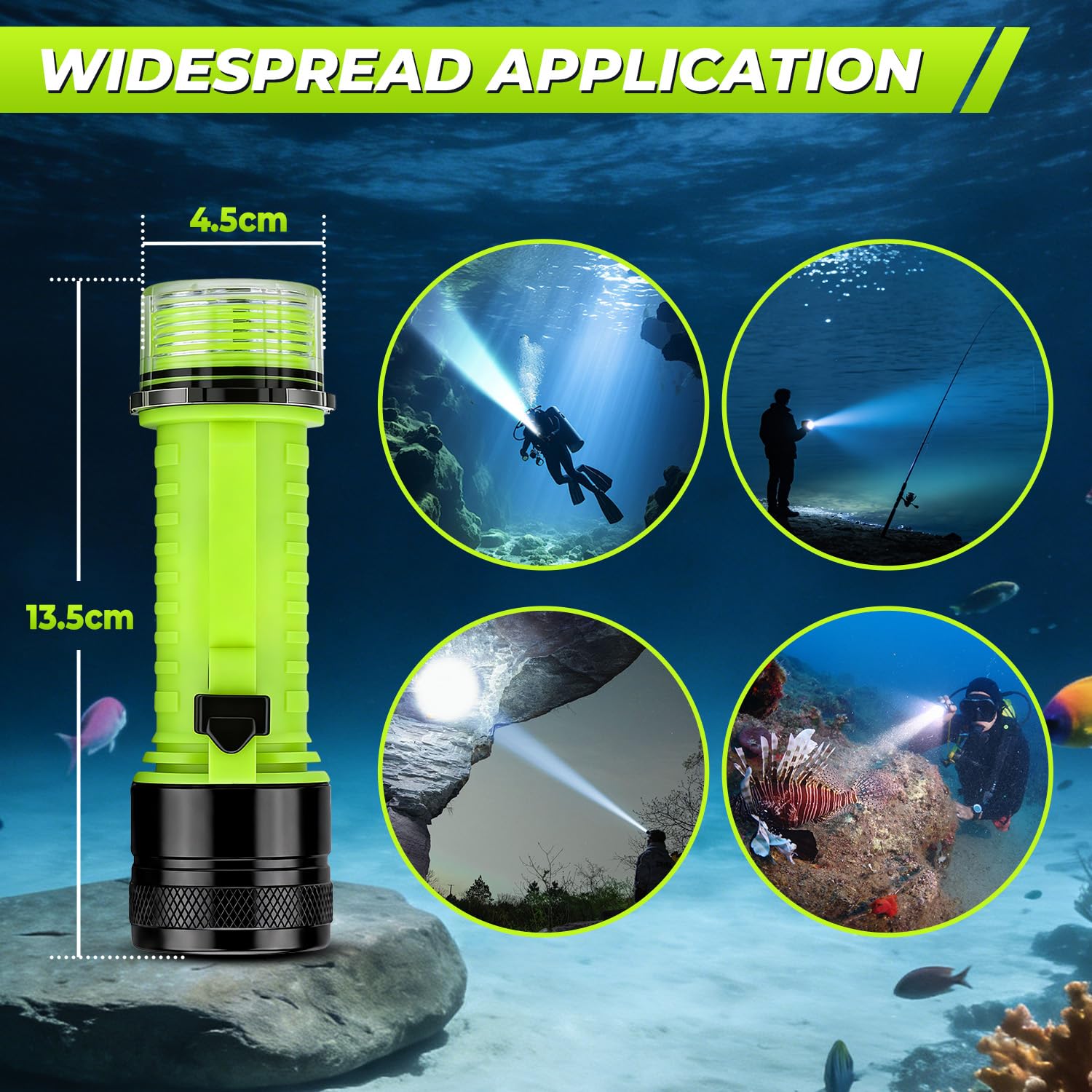 Linterna de buceo recargable, 1500 lúmenes, IPX8, impermeable, luz de buceo, linterna LED, 3 modos bajo el agua, linterna de buceo nocturna, luz sumergible para deportes al aire libre bajo el agua