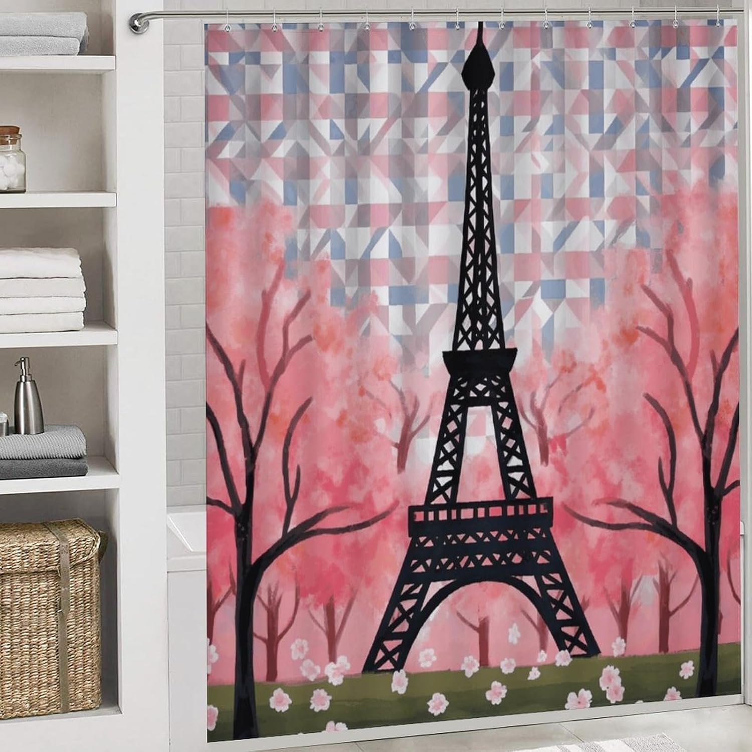 Eiffel Tower Pattern 4Pcs Shower Curtain Set with Non-Slip Rugs, Toilet Lid Cover and Bath Mat,Bathroom Set Decor Accessories,Curtain Set with 12 Hooks, 72 X 72 Inch