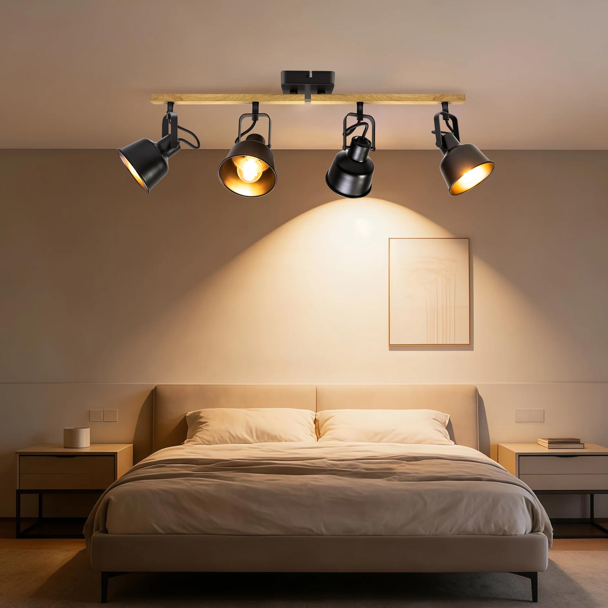 Lámpara Techo Focos, 4 Focos Led Interior Techo Base E14, Apliques Techo Focos con madera Base Rectangular, 350° Giratorios Plafón Foco de Techo LED, Negro (Sin Bombilla)