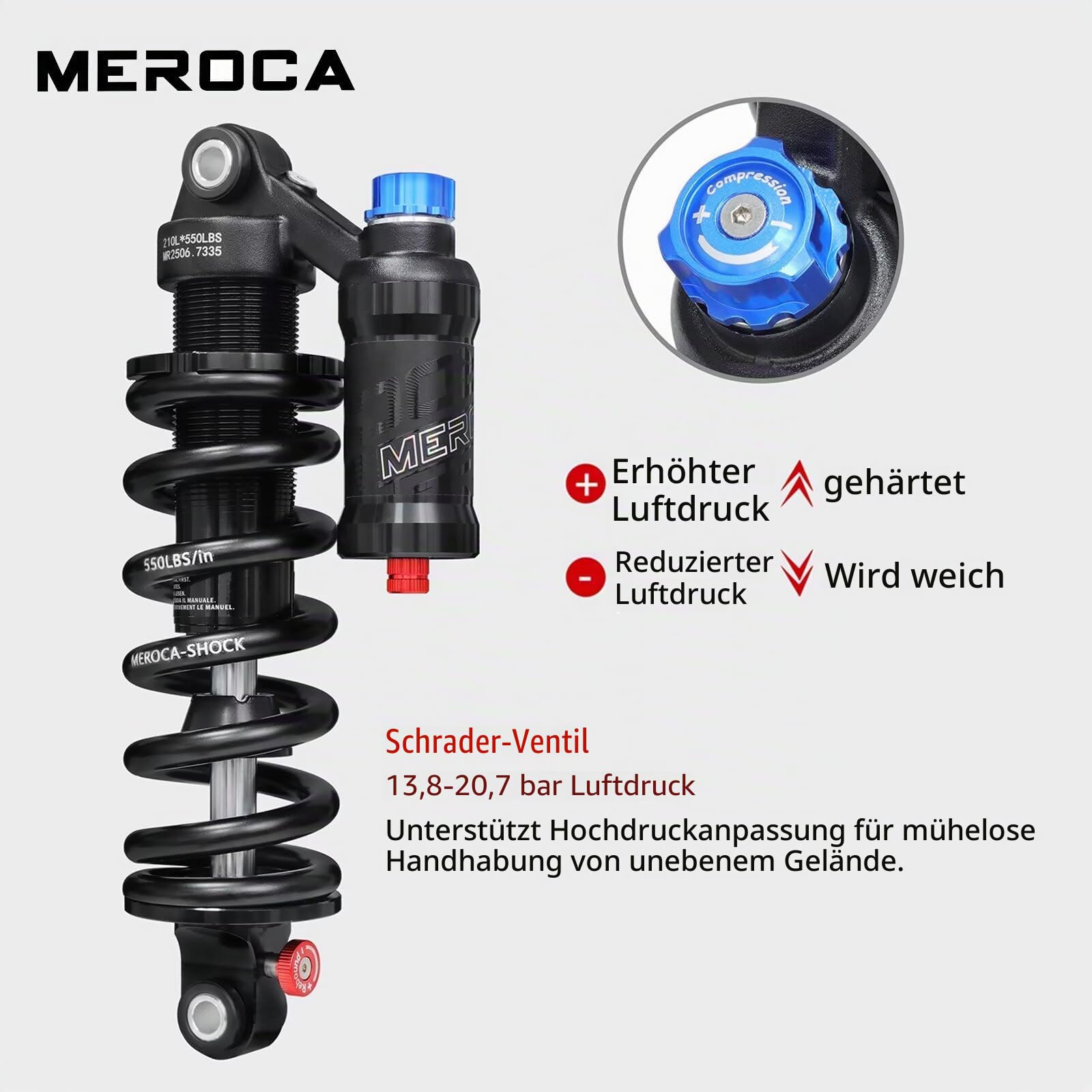 MEROCA Einstellbarer Luftfeder-Spiralfeder-Über-Stoßdämpfer für Mountainbikes, 190-265mm, 550LBS-Feder, Rückprall, Kompression, Vorspannung und Luftdruck (200-300 PSI) Passend für MTB/Downhill/E-Bikes