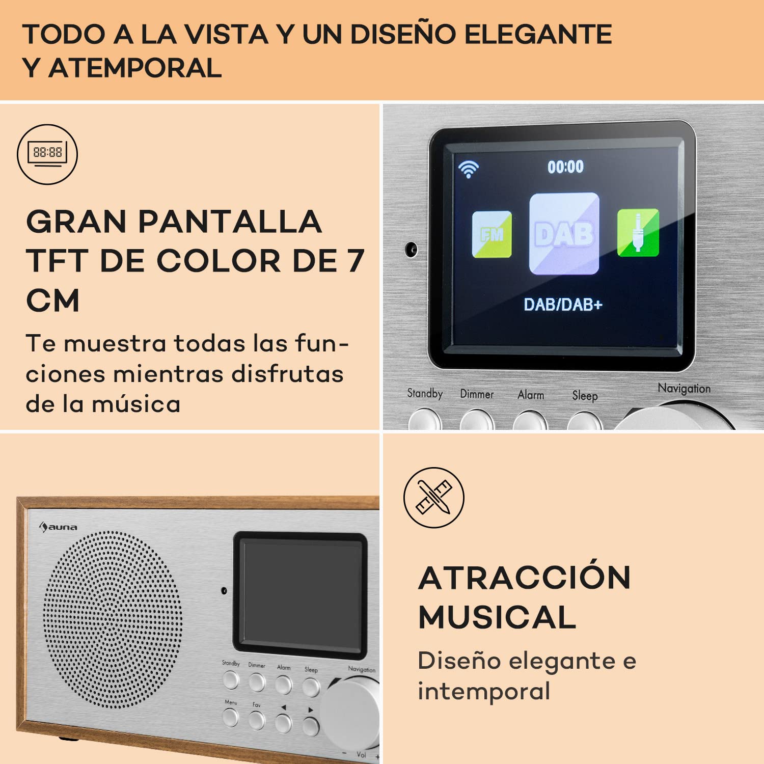 Auna Radio Portatil Pequeña, Digital con Bluetooth Recargable, Transistores Radio FM Pequeños Dab/Dab+, Altavoces Estéreo con Pantalla HCC, Streaming, con Despertador, y 5h de Duración, Mini Radio
