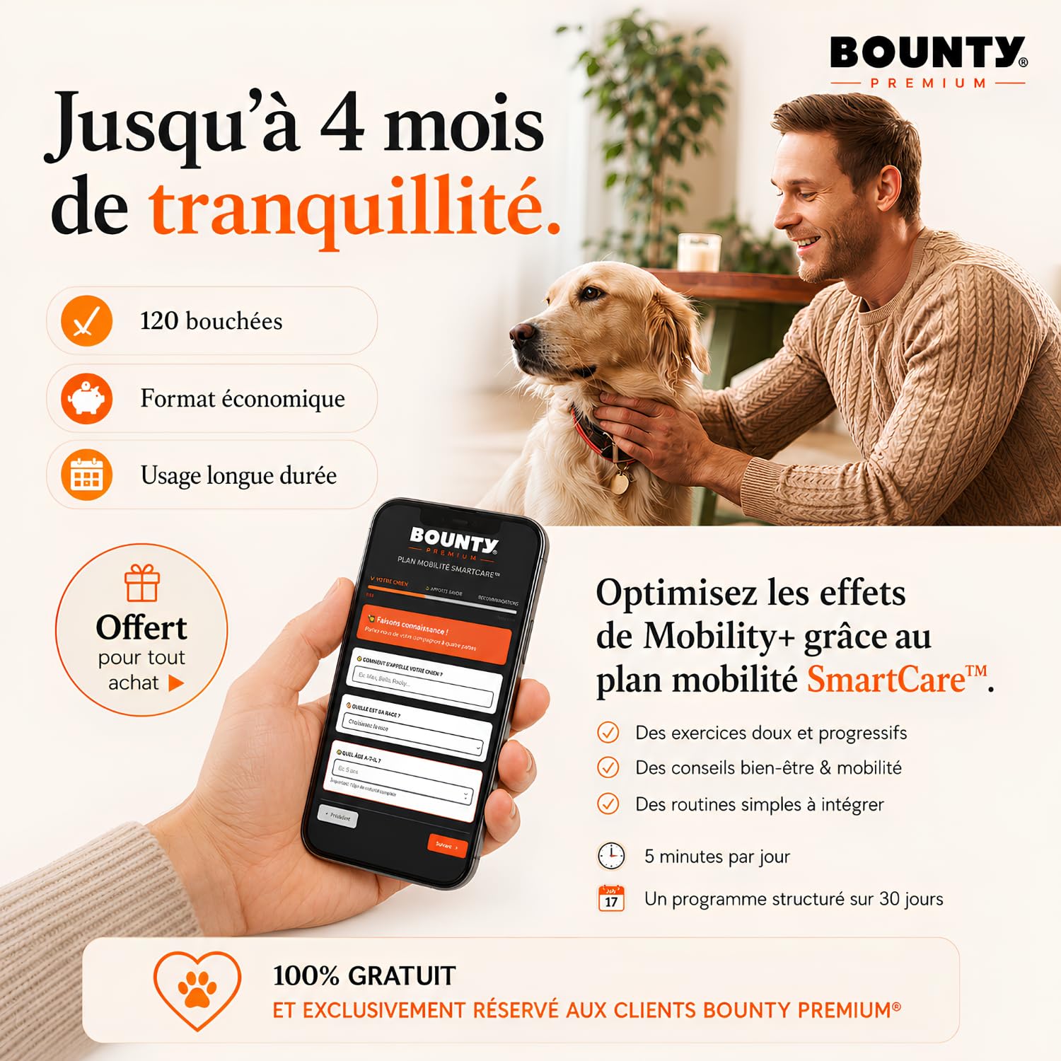 Mobility+ Complément Articulaire Chien – Arthrose & Douleurs Articulaires – 7 Actifs : Glucosamine, Chondroïtine, Collagène, Acide Hyaluronique, MSM – Senior & Grande Race – 120 Bouchées