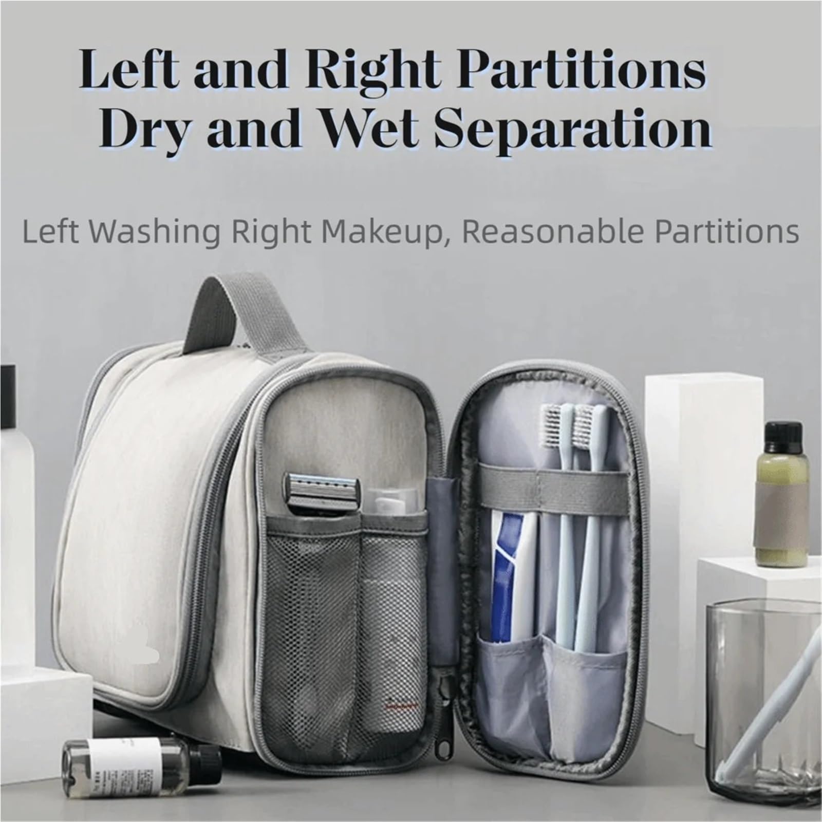 Borsa for trucco da donna impermeabile 1 pezzo con gancio appeso borsa toilette viaggio custodia pieghevole for cosmetici di grande capacità Per Viaggi(Dark Grey)