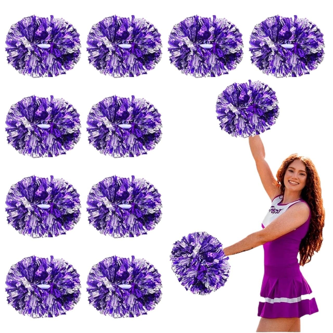 Lot de 6 ou 12 pompons métalliques avec poignée for pom-pom girls, accessoires danse et sport Pour Cheerleading(Puple and Silver,12PCS)