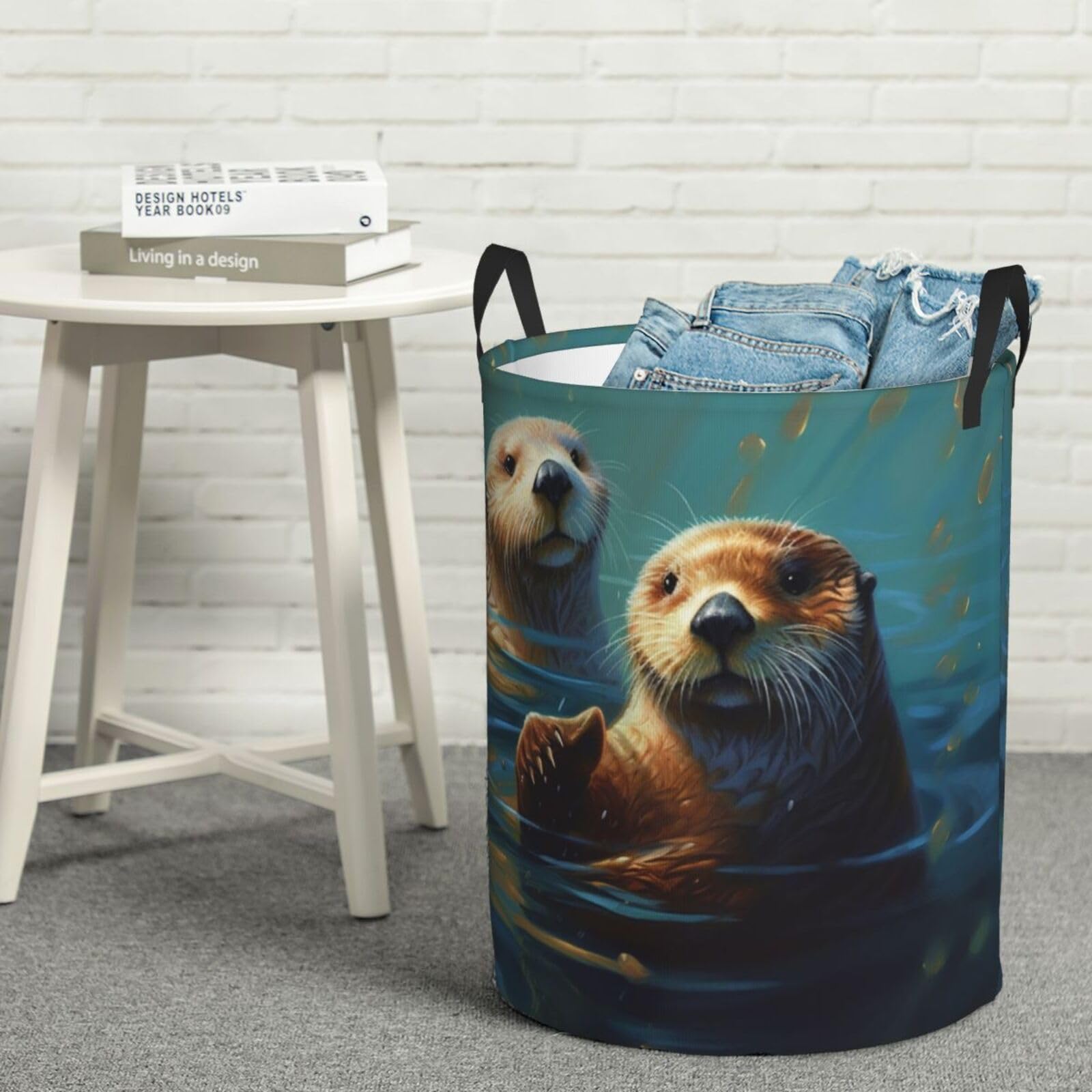 Fodpand Black Sea Otters Painting Laundry Basket With Handle, Freestanding Laundry Hamper, Collapsible Dirty Clothes Hamper, Waterproof Fabric Blanket Storage Basket Tall Toy Storage Bin Room Decor Small