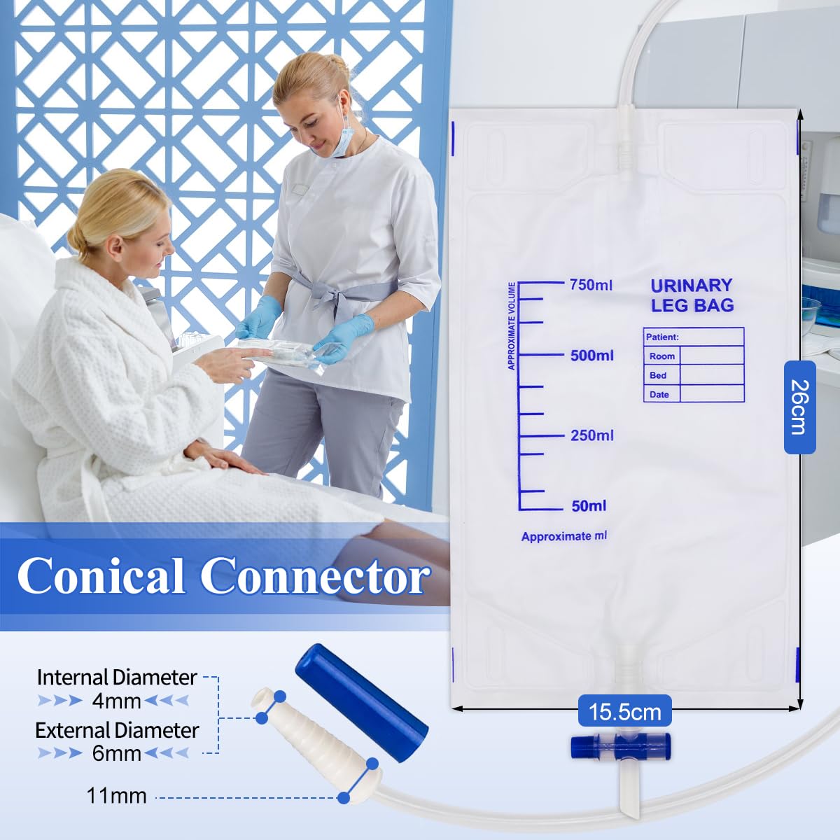 10pcs 750ml Urinbeutel Beinbeutel, Katheter Beinbeutel mit Anti-Reflux-Film, Urindrainagebeutel mit Ventil, Ablass und Gummibänder, Urinbeutel bei Inkontinenz - Steril Verpackt