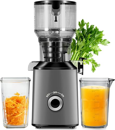 Cold Press Juicer with 5.8" Extra Wide Feed Chute - Slow Masticating Juicer Machine for Whole Fruits & Vegetables - High Juice Yield, Self Feeding, Easy to Clean & Assemble