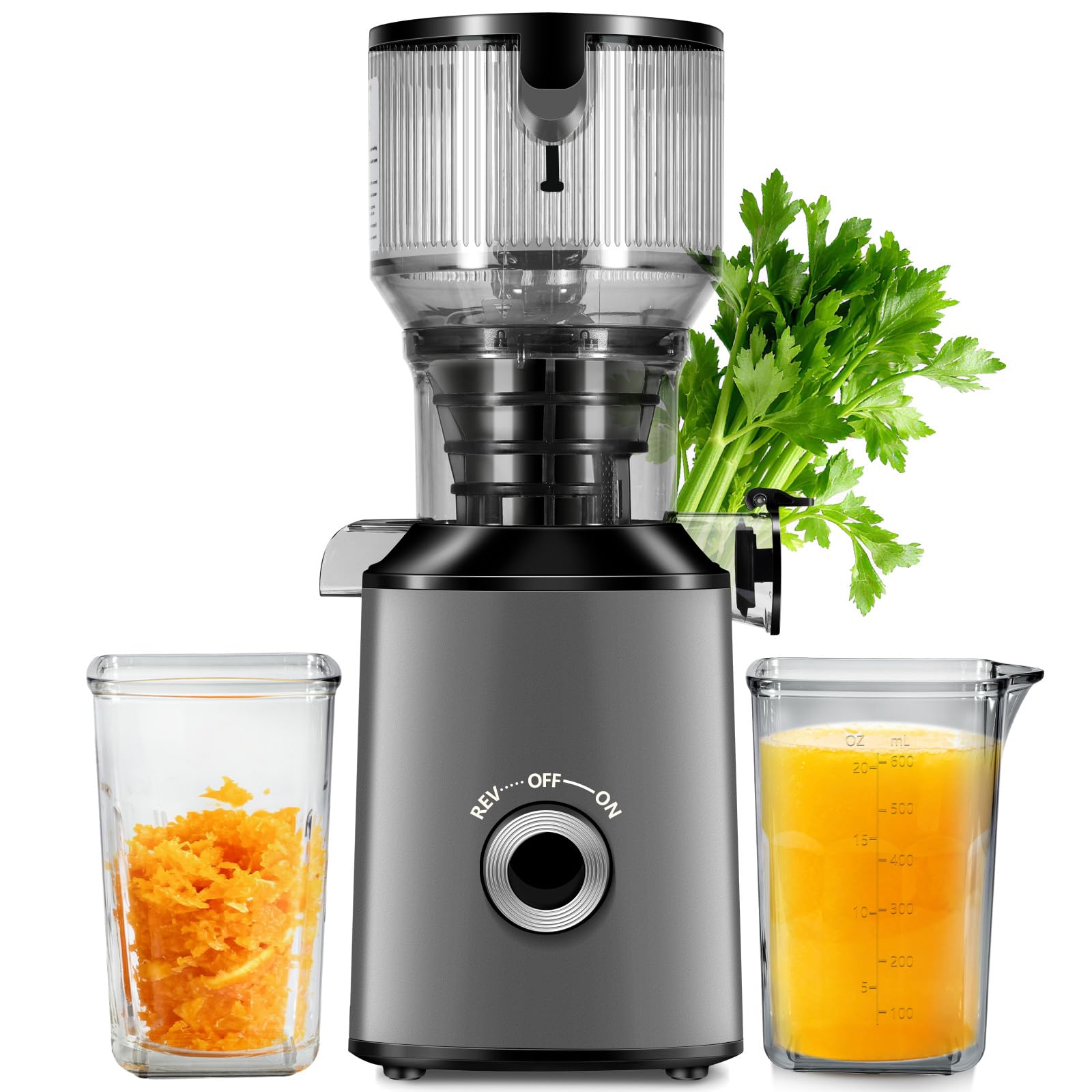 Cold Press Juicer with 5.8" Extra Wide Feed Chute - Slow Masticating Juicer Machine for Whole Fruits & Vegetables - High Juice Yield, Self Feeding, Easy to Clean & Assemble