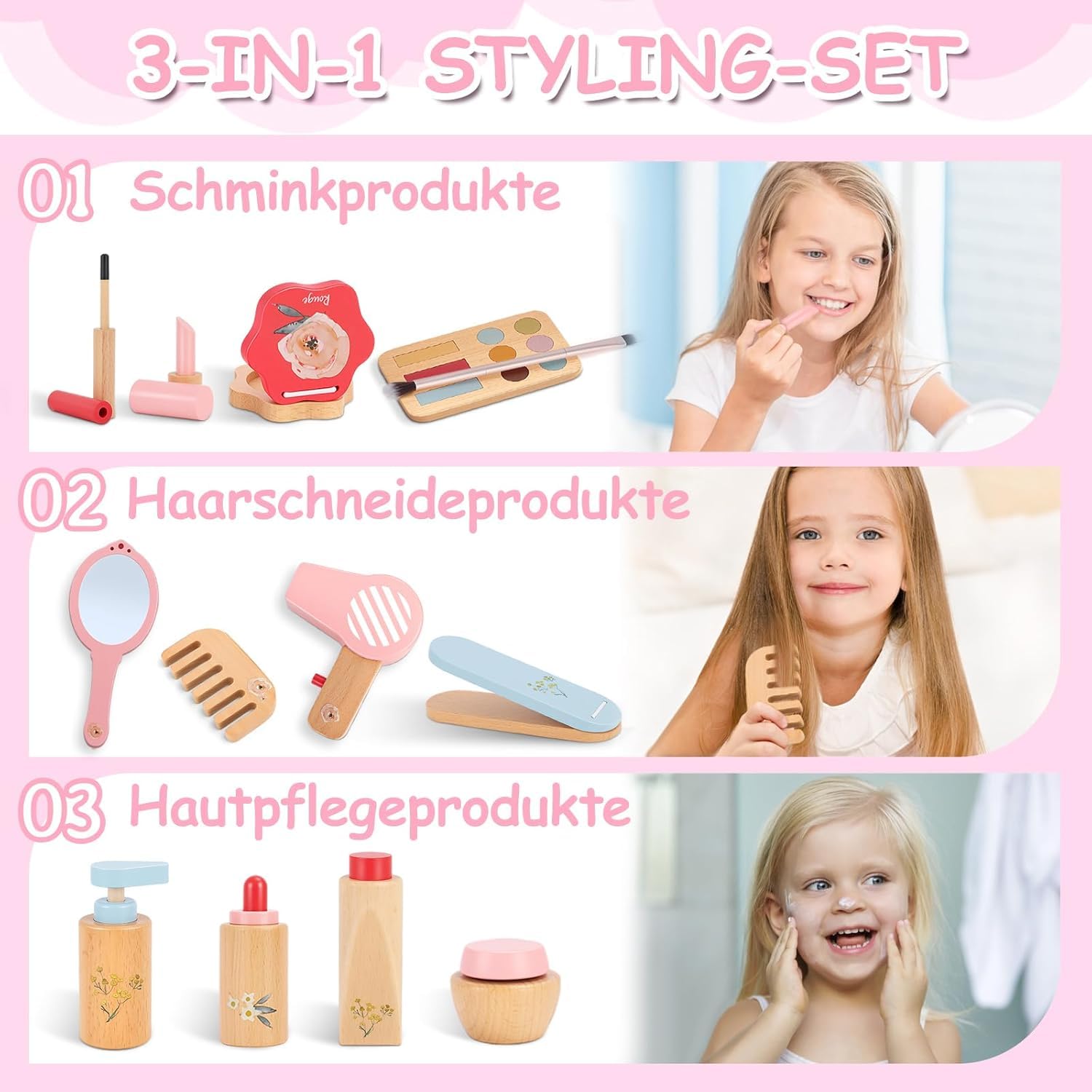 Herefun Set Trucchi Bambina in Legno Finti, 25 Pezzi Trucchi Bambina Giochicon, Set Trucco e Parrucchiere con Borsa Cosmetici e Elastici, Giocattoli Finti Montessori per Gioco di Ruolo, Regalo Bimba