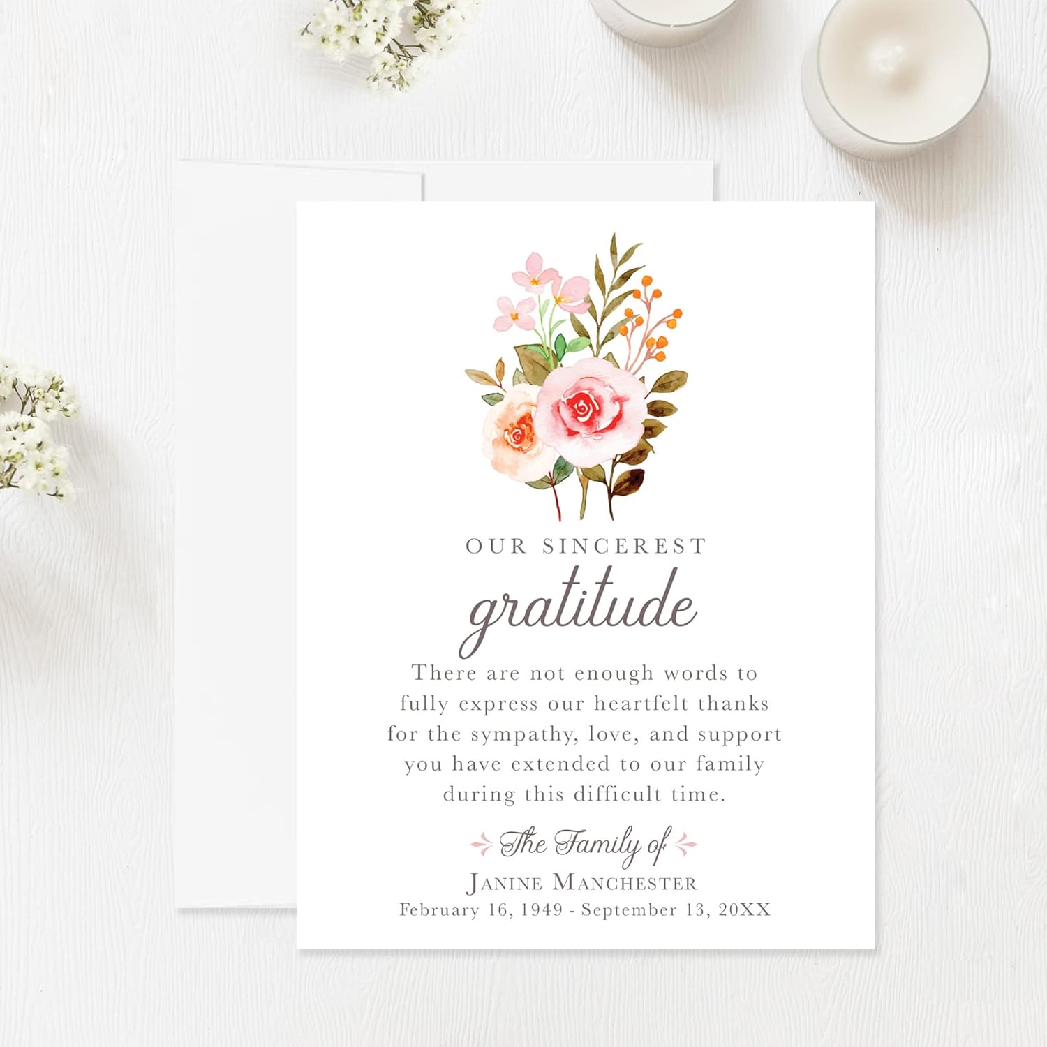 Rose Wildflower Bouquet Funeral Thank You Cards, Sympathy Acknowledgement Cards, 4.25x5.5 Flat Bereavement Notes with Envelopes