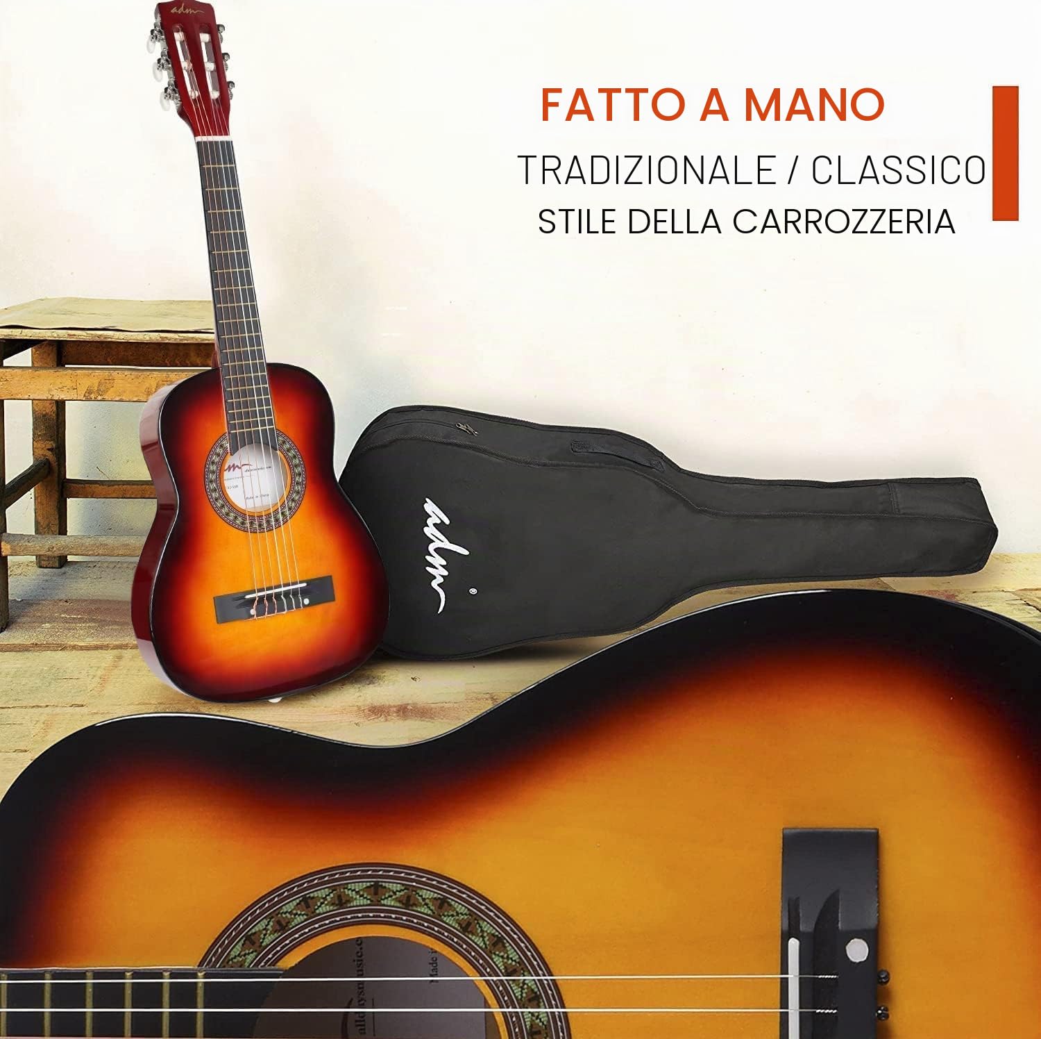 ADM Chitarra Classica Junior per Bambini Principianti Sunburst 1/4 con Borsa e Accessori