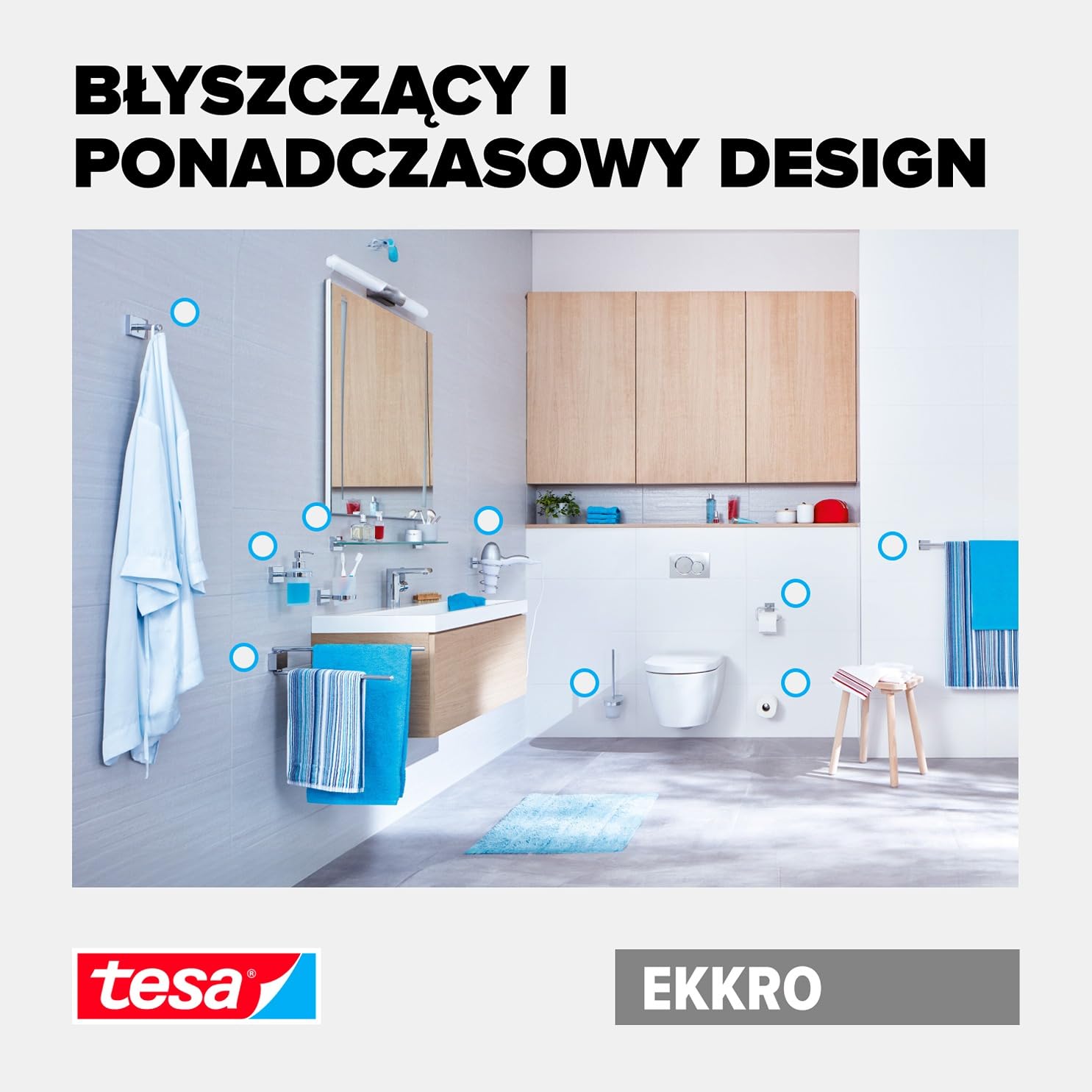 tesa EKKRO uchwyt na papier toaletowy – samoprzylepny haczyk na rolki papieru toaletowego – chromowany – bez pokrywy – wymiary: 110 mm x 133 mm x 47 mm