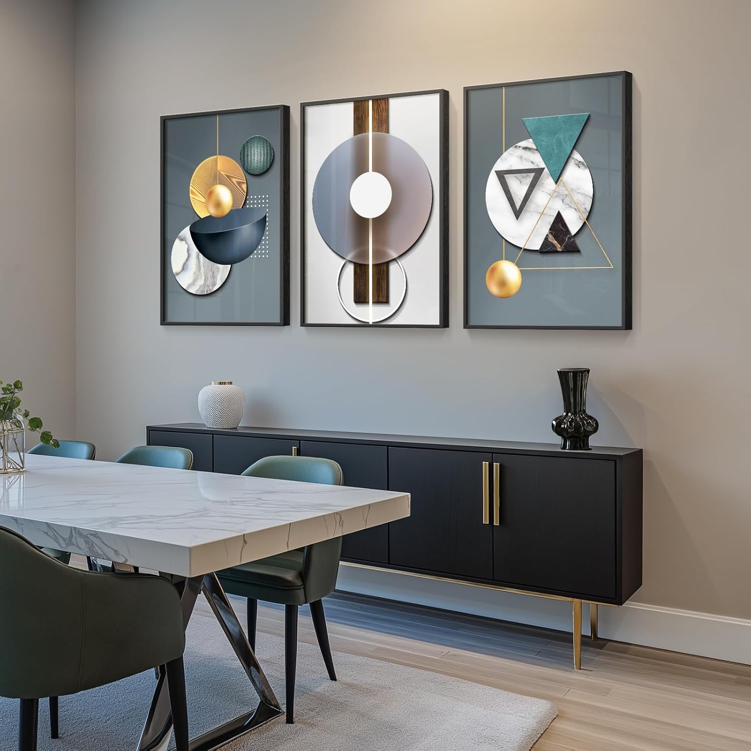 large framed modern luxury abstract wall art, 3 piece blue-green prints paintings artwork for walls, bright style geometric pictures for living room dining room bedroom office total 30x60 in 20" w x 30" h x 3pcs geometric melody