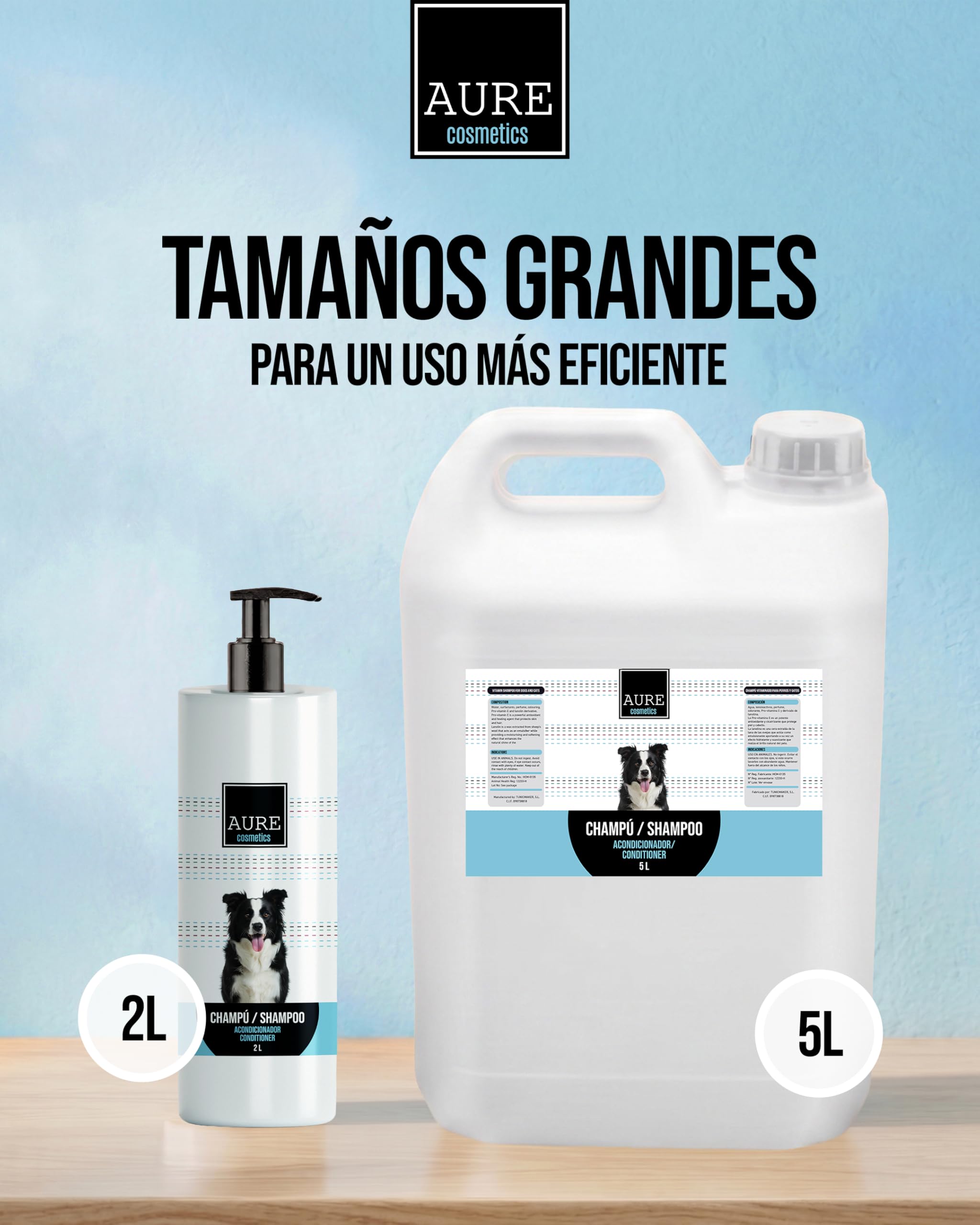 AURE - Champú Acondicionador para Perros y Gatos 5 L. Champu Perro 2 en 1 con Provitamina E, pH Neutro, Desenreda y Aporta Brillo. Champu gatos Uso Frecuente, Ideal para uso doméstico