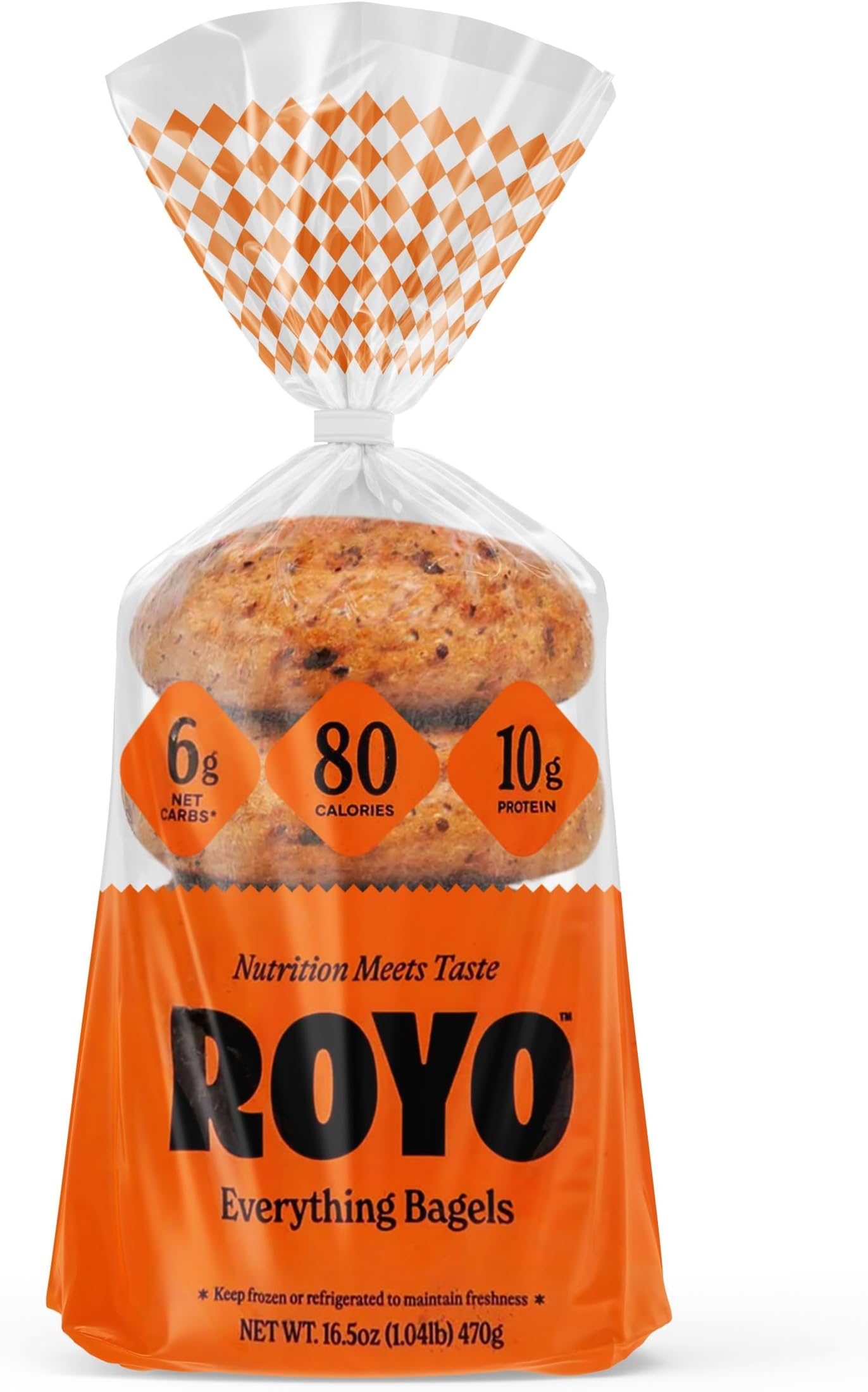 ROYO Low Carb Everything Bagels Pack of 6 - Keto-Friendly, Vegan, Kosher Certified, High Fiber Fresh Bagels for Toast, Sandwiches (16.5 oz)