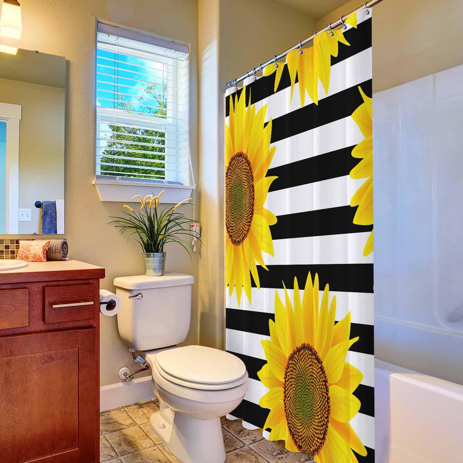 Woutay Shower Curtain Mould Proof Resistant Yellow Sunflowers,Water Repellant Fabric,Polyester,Size 180x180CM - Image 4