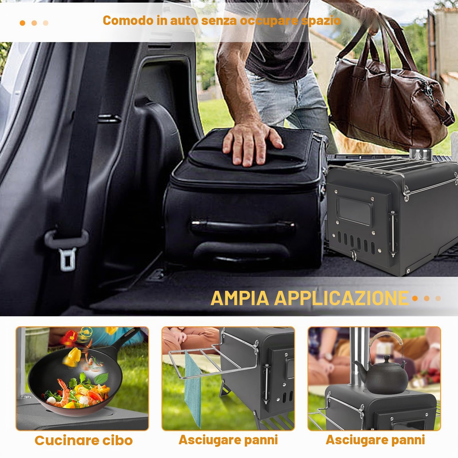 Fornello da campeggio per tenda, dimensioni estese: 54 x 28 x 35 cm, stufa a legna portatile da esterno con tubi per caminetto in acciaio inox, piccolo e confortevole per la cucina