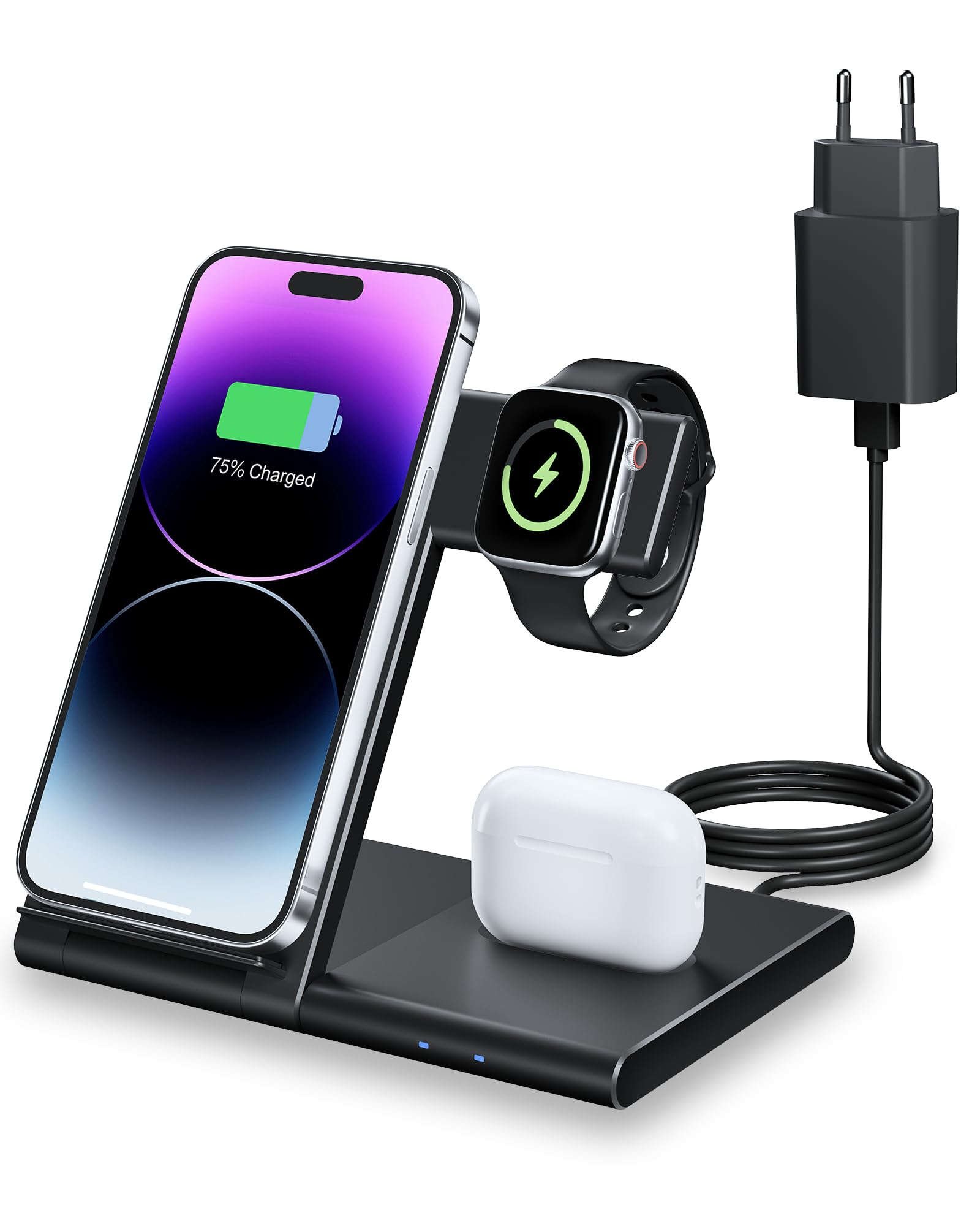 3 in 1 Caricatore Wireless per iPhone 11/12/13/14/15/XS/X/8 serie, for Apple Watch 9/Ultra/8/7/6/SE/5/4/3/2, Stazione Ricarica per Air Pods 1/2/3/Pro/Pro2 (nero)