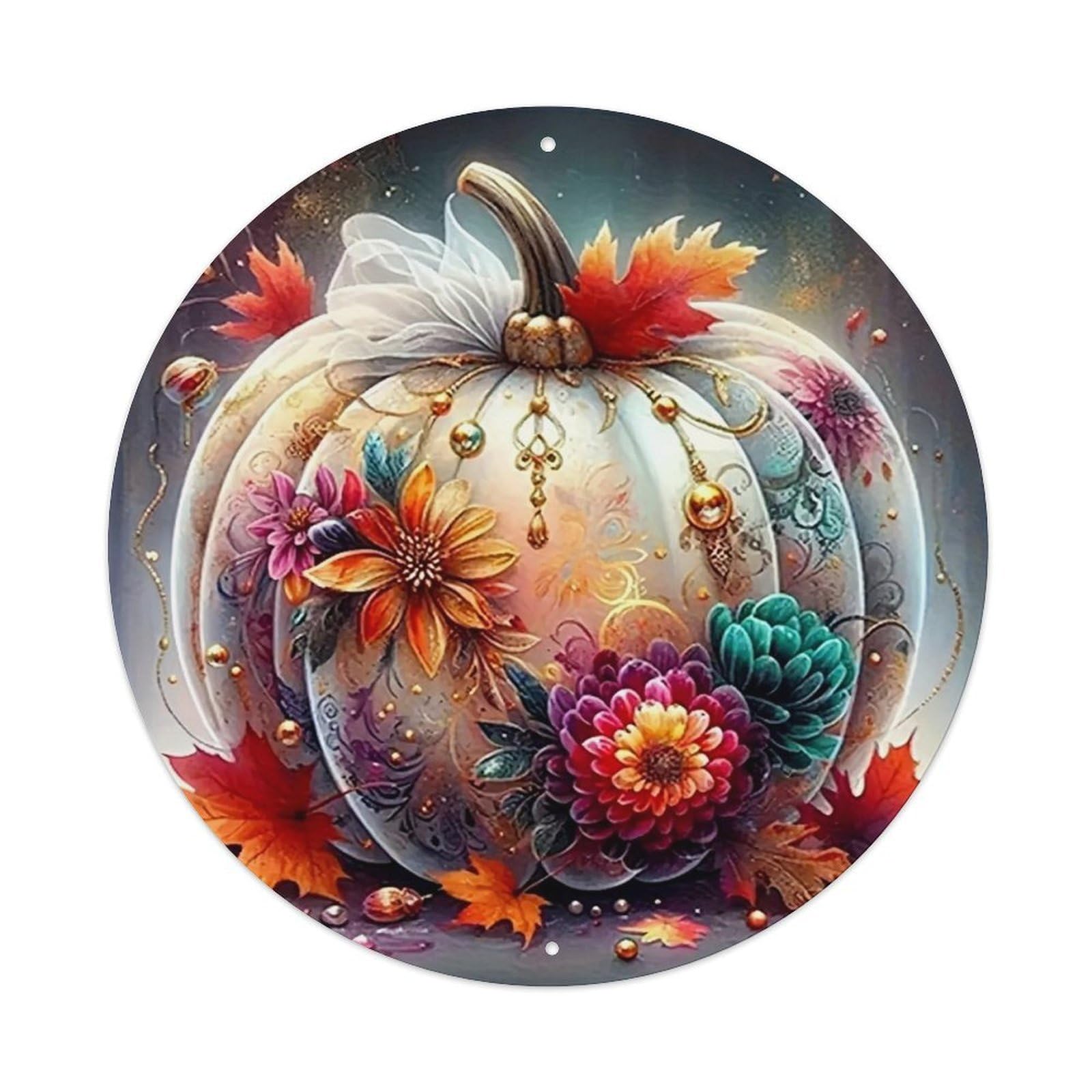 Floral Pumpkin Autumn Leaves Jewelry Vintage Round Tin Sign Retro Metal Wall Decor Metal Poster, Home Bar Garage Cafe Wall Art Decoration 8x8Inches