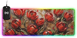 Mouse Pad for Gaming with Wireless Charging, Extended Personalized LED Mousepad Desk Mat with 14 Light Effects for Desk Painting Red Flowers Print