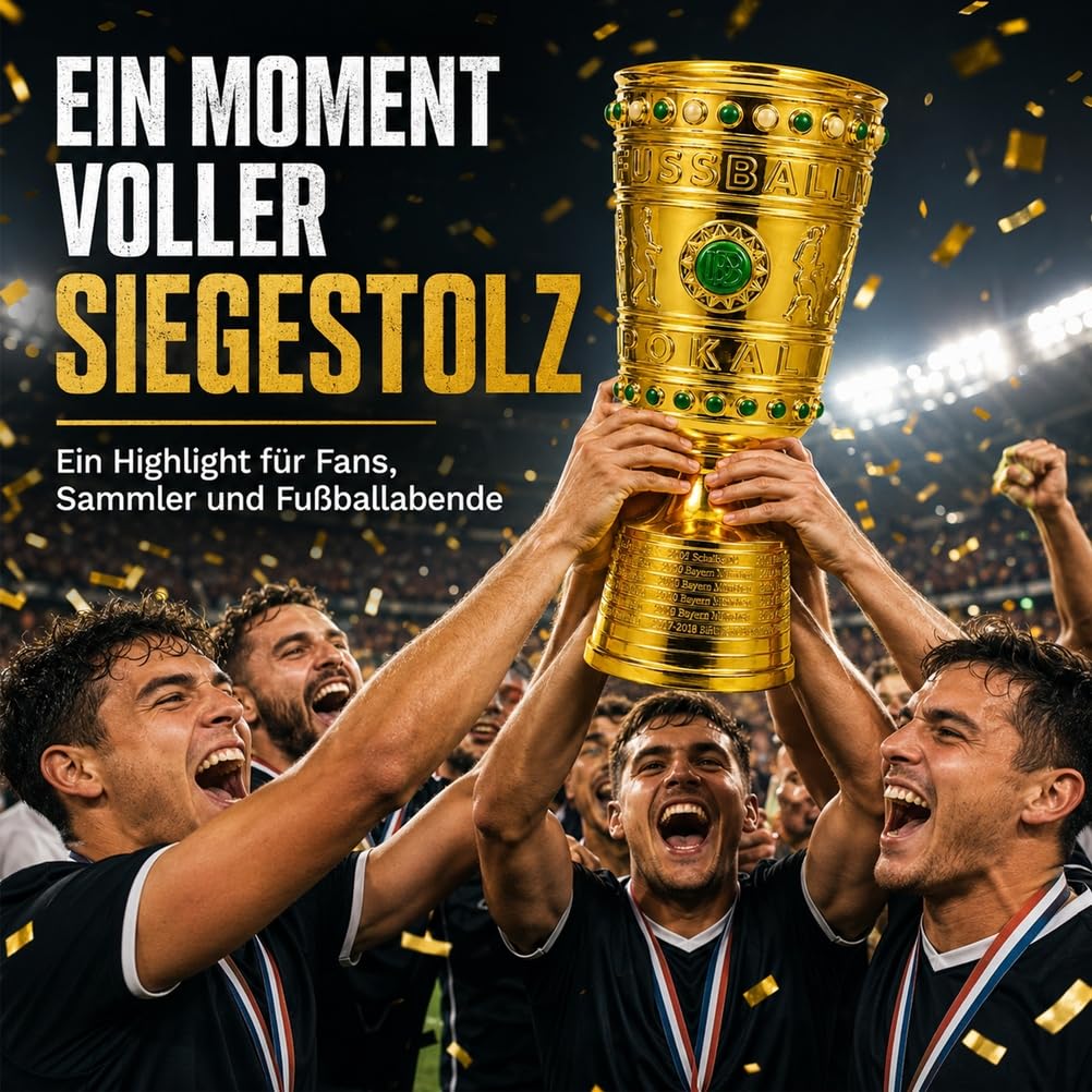 Deutscher Fußball Champion-Pokal Replik, 36 cm aus Harz, Goldfarben | Siegerpokal Sammlerstück für Vitrine,Schreibtisch,Regal und Fanbereich,Ideal als Sportandenken und Geschenk für Fussballfans