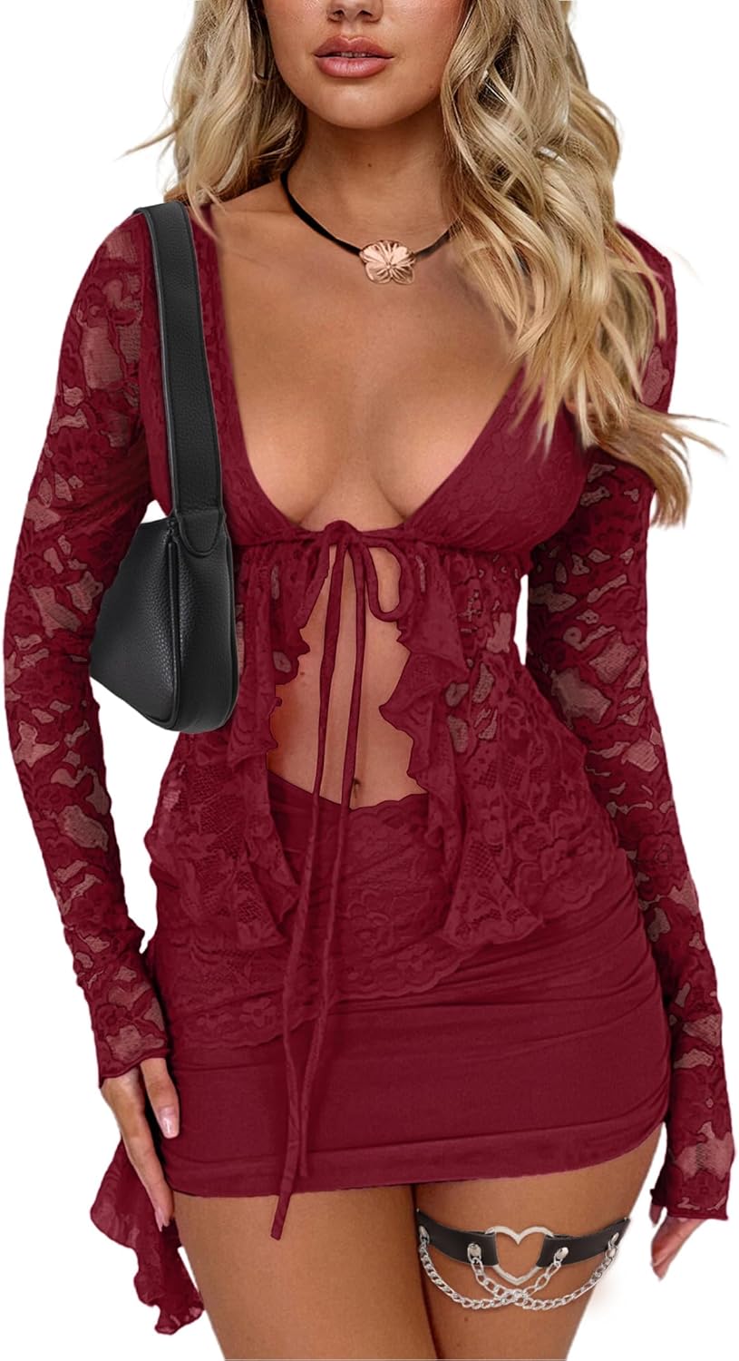 CSDAJIO 2 Piece Outfits Women Floral Lace Open Front