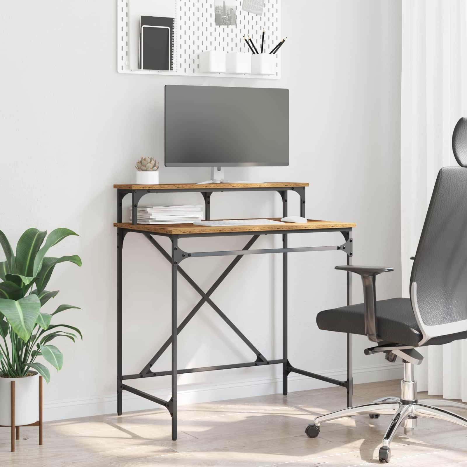 Scrivania Ufficio Stile Industriale con Ripiani 80x50x90 cm | Tavolo da lavoro compatto con scaffali integrati, ideale per ottimizzare lo spazio nello studio o in ufficio.