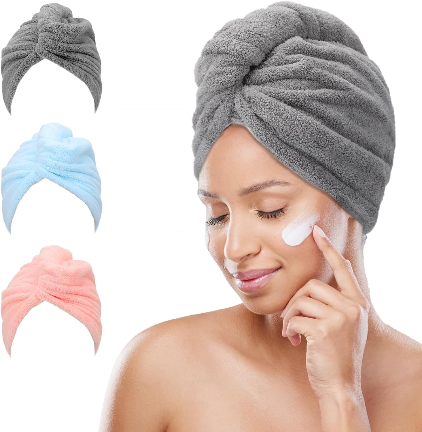FREATECH 3 Piezas Toalla Microfibra Pelo - Toalla Secado Rapido para Cabello Húmedo, Toallas para Secar el Pelo, Turbante Pelo Suave y Absorbente con 3 Botones para Mujeres, Niños, Pelo Largo y Rizado