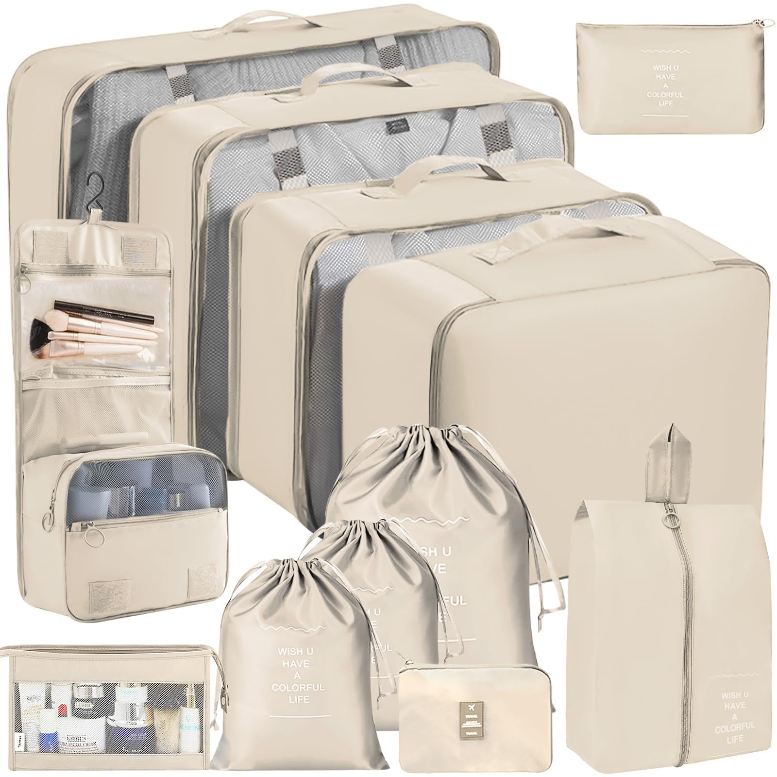 Organizer Valigia, Set da 12 Pezzi Organizer valigia Salvaspazio, Packing Cubes, Organizzatori Bagagli Per Riporre Vestiti Scarpe Cosmetici, Beige