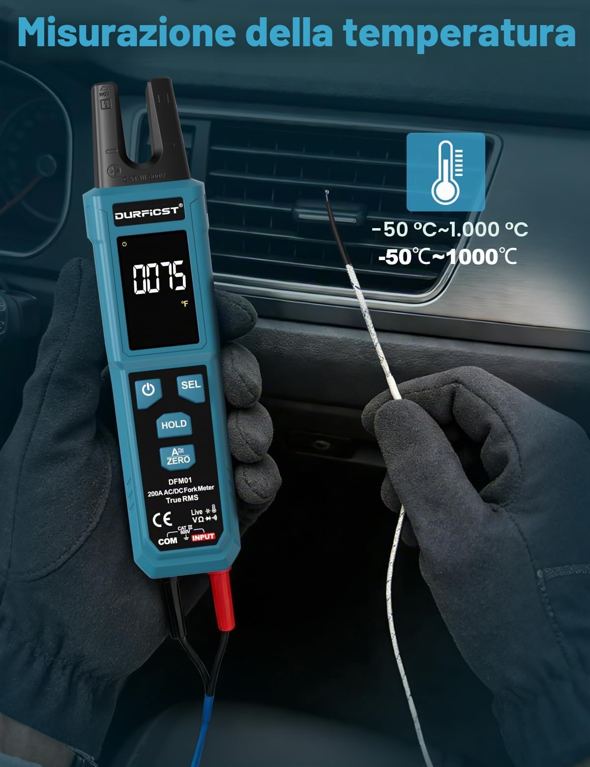 DURFICST Pinza Amperometrica TRMS 4000 Conteggi, con AC/DC 200 A & 600 V | Digitale Pinza Amperometrica AC DC con Test NCV, Continuità, Misurazione di Capacità e Temperatura