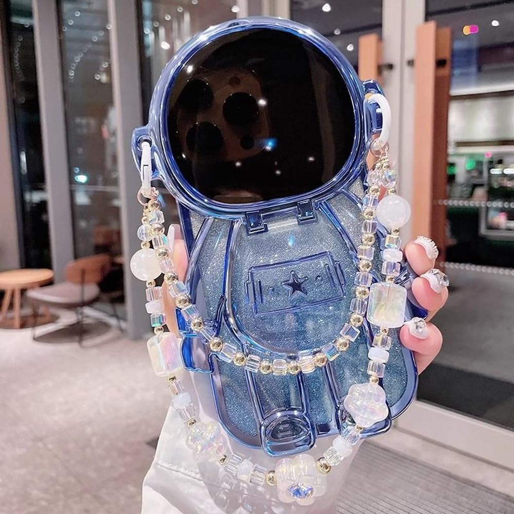 Estuche para teléfono con soporte para espejo de tocador y pulsera con diseño de muñeco astronauta para iPhone 15, 14, 13, 12 y 11, cubierta trasera de Pro Max Plus, azul, para iPhone 13 Pro Max