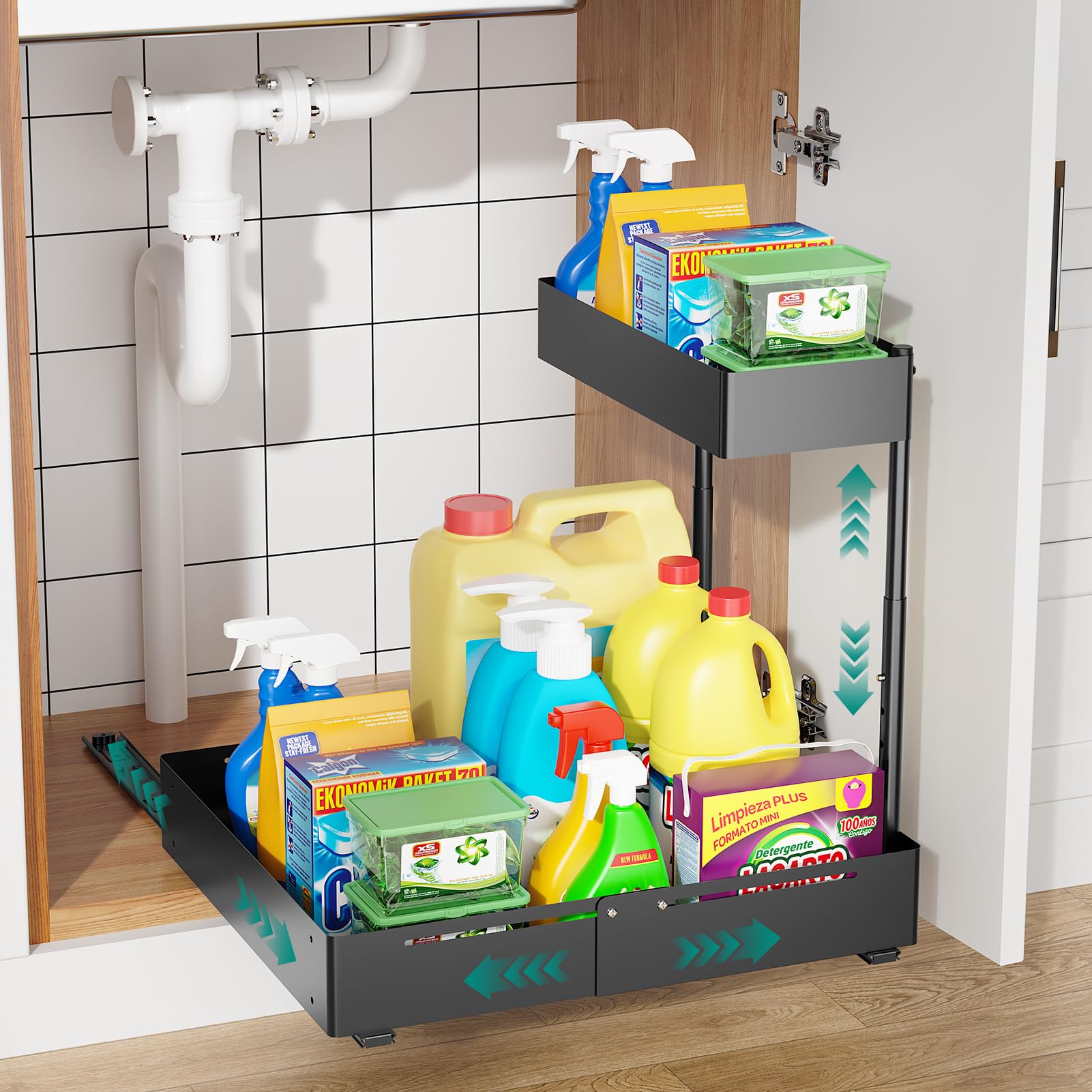 Organizador Bajo Fregadero Ajustable, 1 Unidad, Negro | Estante Extraíble de 2 Niveles, Ancho y Altura Expansible con Guías de Rodamientos, Organizador de Cocina y Baño