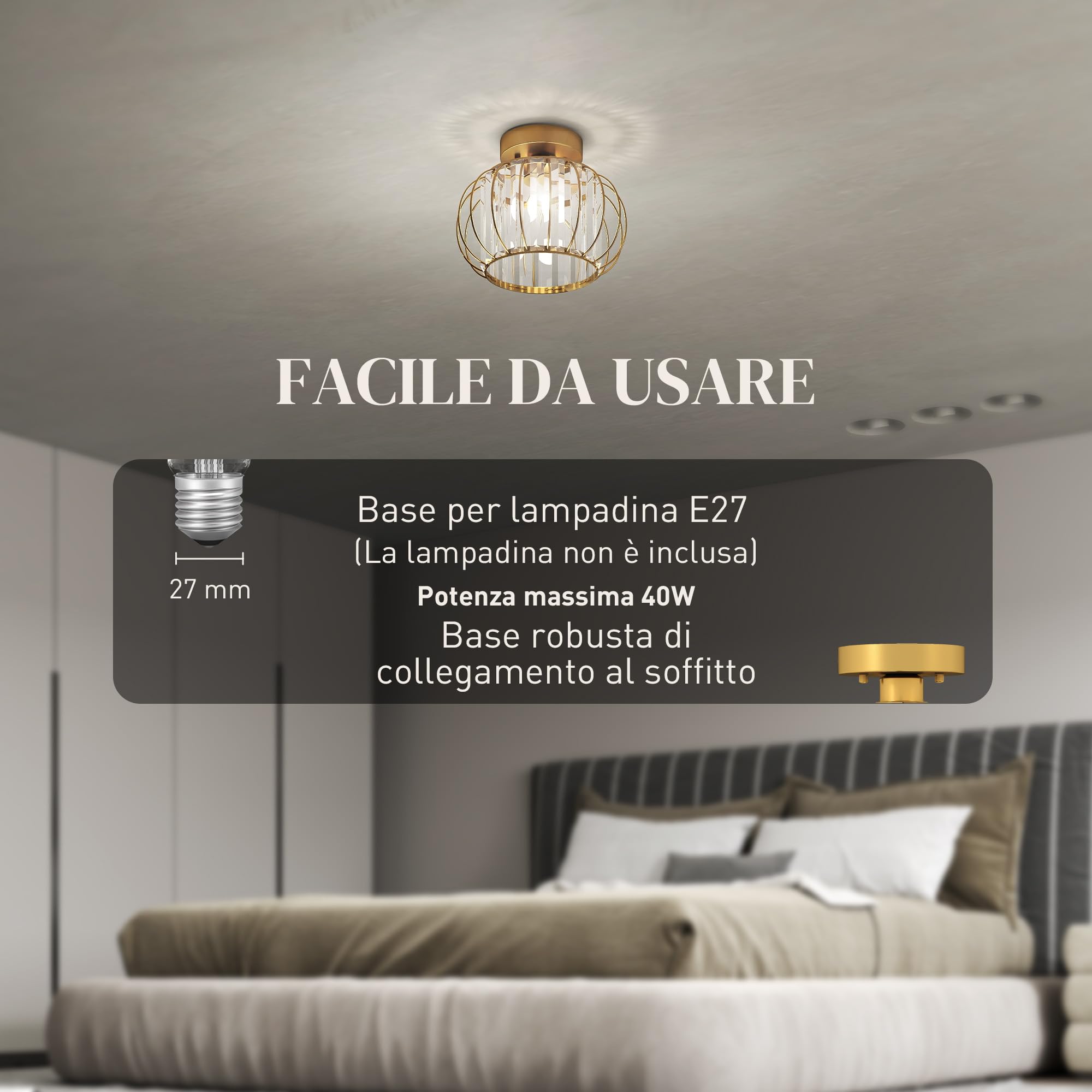 HOMCOM Plafoniera LED Moderna a Gabbia con 18 Cristalli Ø27x19 cm Oro | Minimal, Lampadario LED in Metallo, Camera da Letto