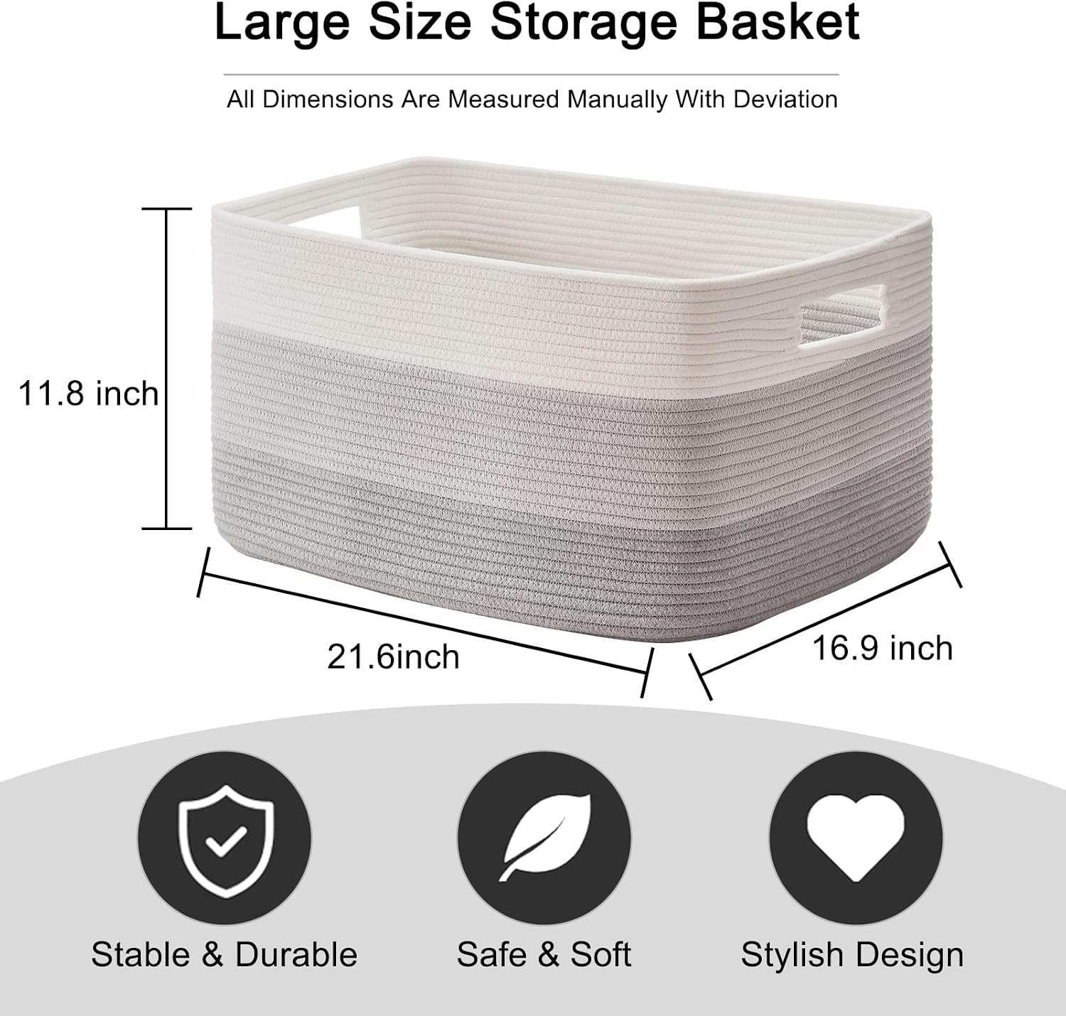 OIAHOMY Storage Basket, Woven Baskets for Storage - Pack of 3-Large Cotton Rope Basket, Rectangle Woven Baskets for Storage(Gradient Grey)