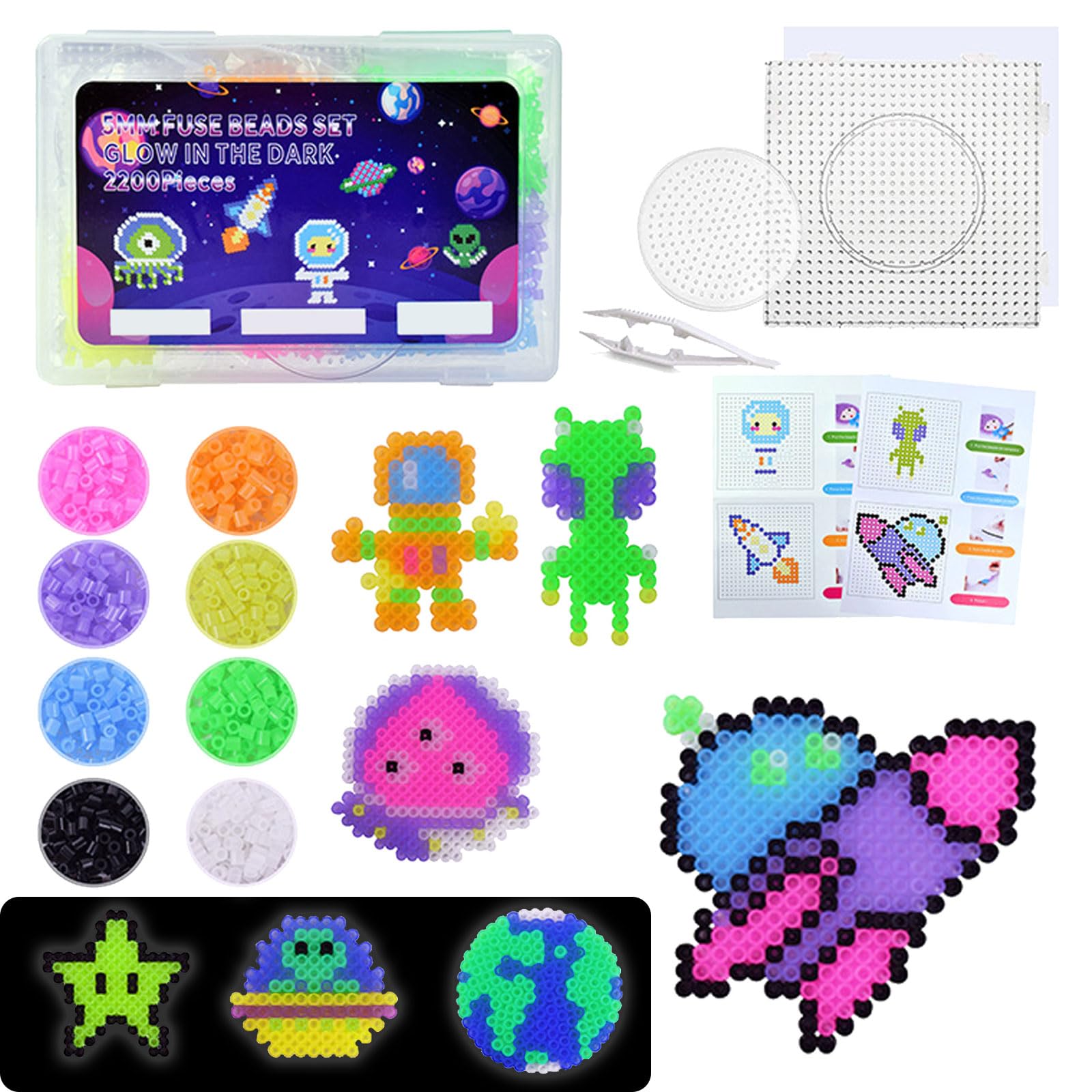 Cesujowaz Hama Beads Set Fuse Beads Glow in The Dark Kit Hama Beads Pegboard Iron Beads Craft Kit for Kids 2200pcs Space DIY Craft Set